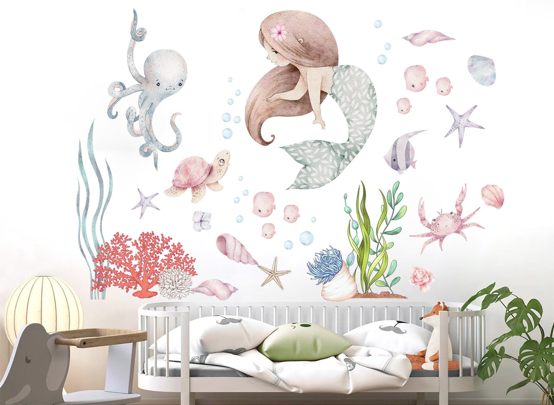Undersea Mermaid Wall Decals - Playful Watercolor Ocean Nursery Decor - BR363
