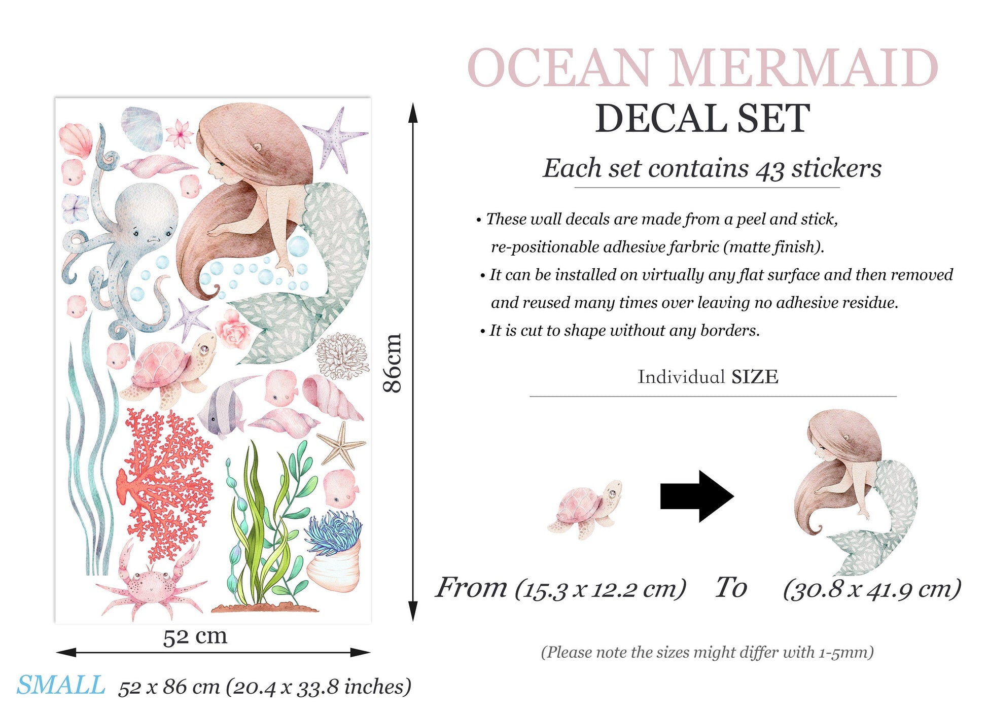 Undersea Mermaid Wall Decals - Playful Watercolor Ocean Nursery Decor - BR363