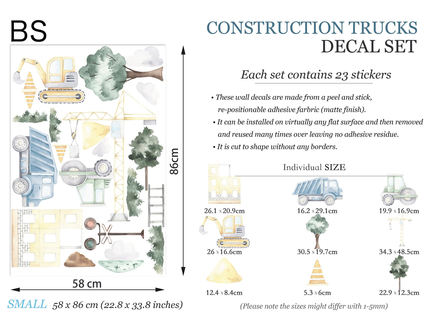 Country Style Construction Trucks Tractors Diggers Removable Wall Decal Boys Room Gift - BR097
