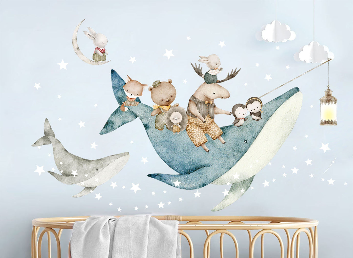 Undersea Wonderland Wall Decal - Forest Animals Flying Explore with Whales - Nursery Decor - BR371
