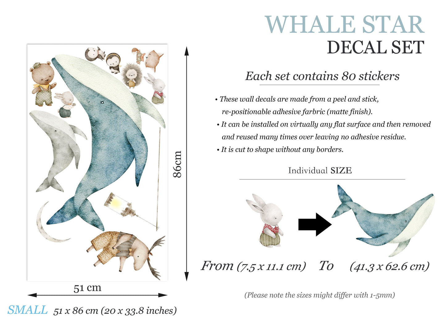 Undersea Wonderland Wall Decal - Forest Animals Flying Explore with Whales - Nursery Decor - BR371
