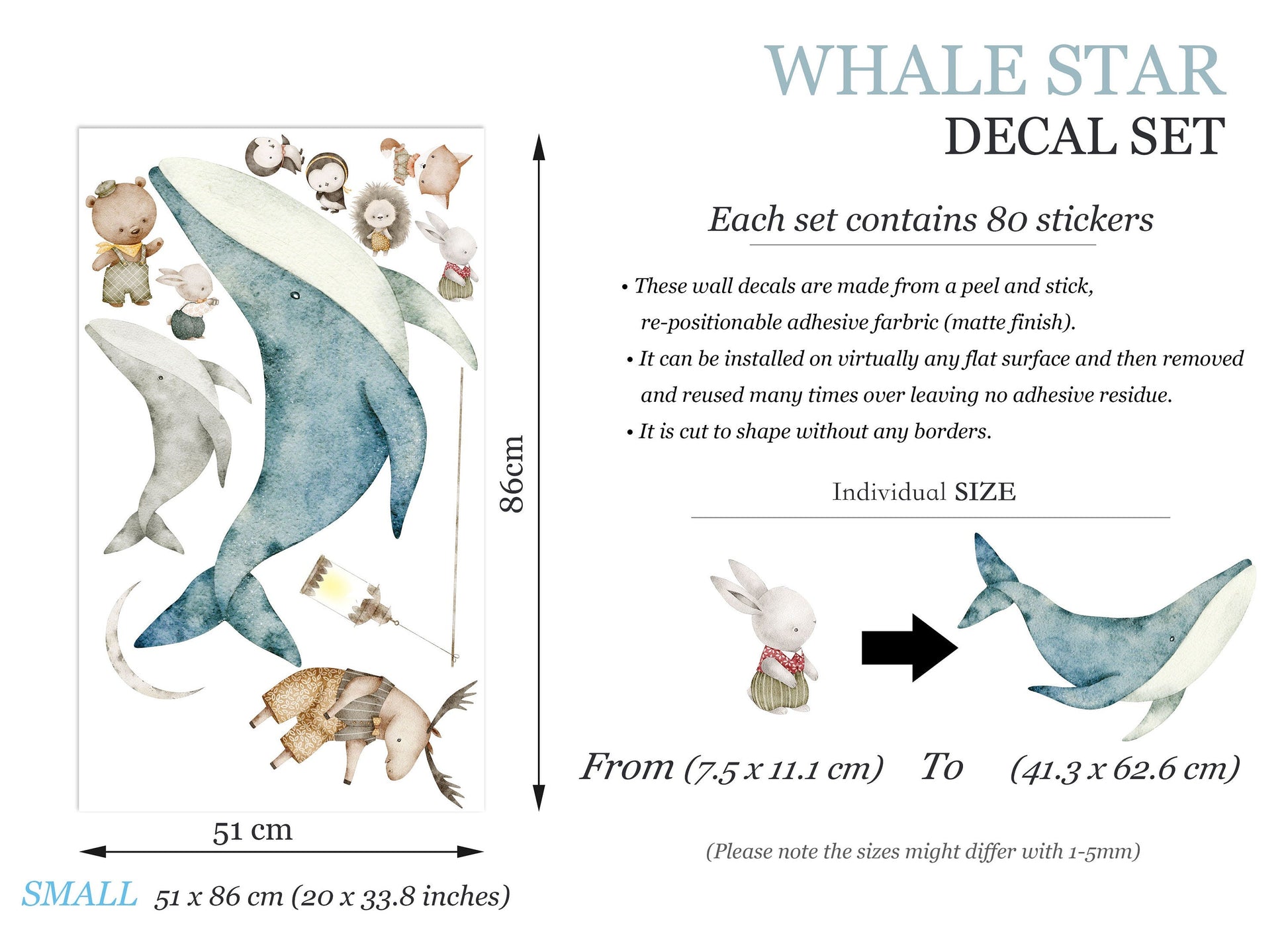 Undersea Wonderland Wall Decal - Forest Animals Flying Explore with Whales - Nursery Decor - BR371
