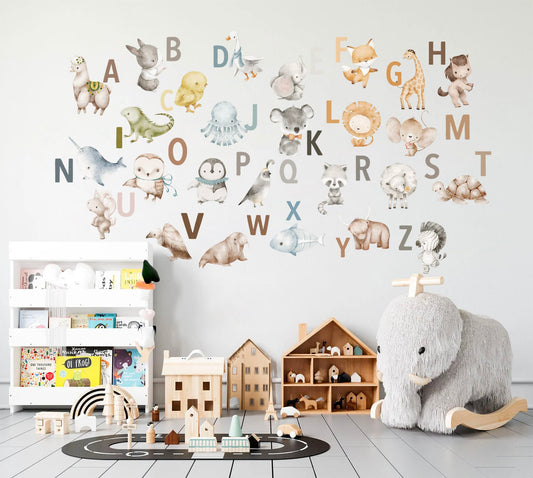 Animal Alphabet Decals - A to Z Wildlife Initials Wall Decal - Peel and Stick Removable - BR370