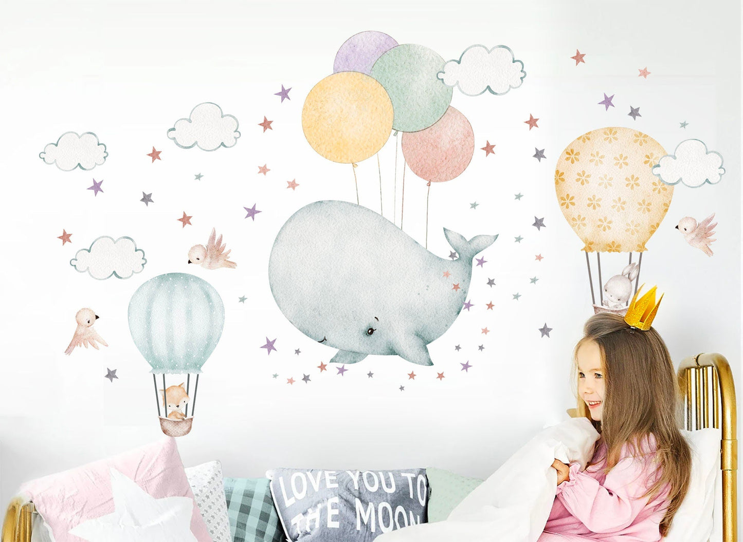 Watercolor Whale Baby Flying with Balloons Sky Adventure Removable Nursery Wall Decal - BR377