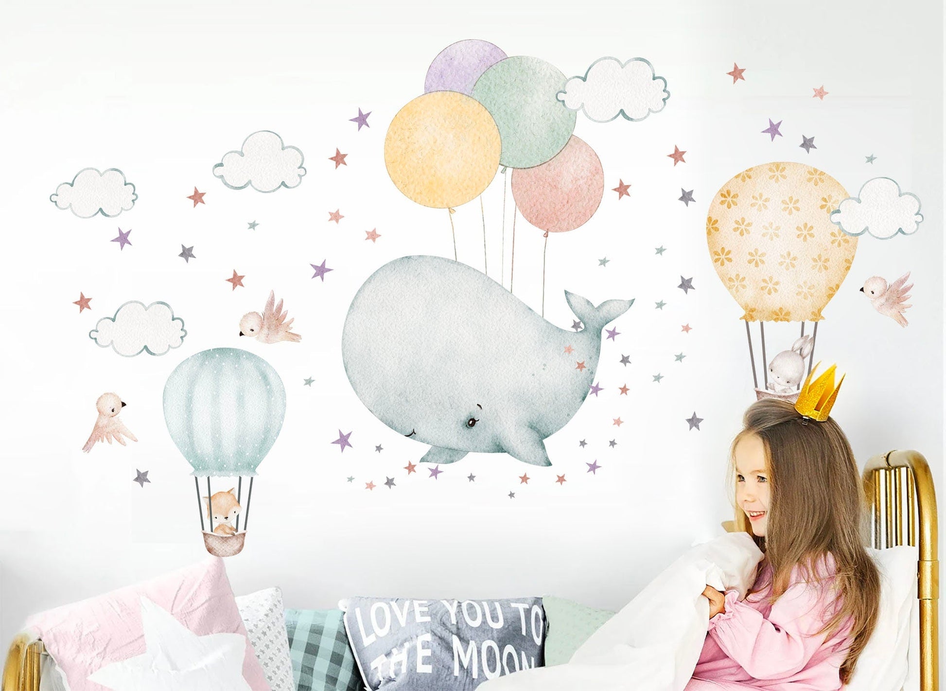 Watercolor Whale Baby Flying with Balloons Sky Adventure Removable Nursery Wall Decal - BR377