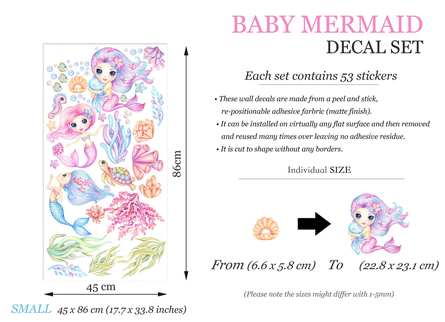 Mermaids Underwater Adventure Wall Decal - Seashells Coral Seahorse Turtle Jellyfish - Removable Peel and Stick - BR390