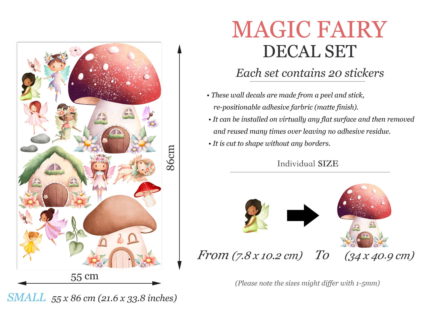 Enchanting Fairy Blossom Wall Decals Set- Tree Mushroom House - Removable Peel and Stick - BR379