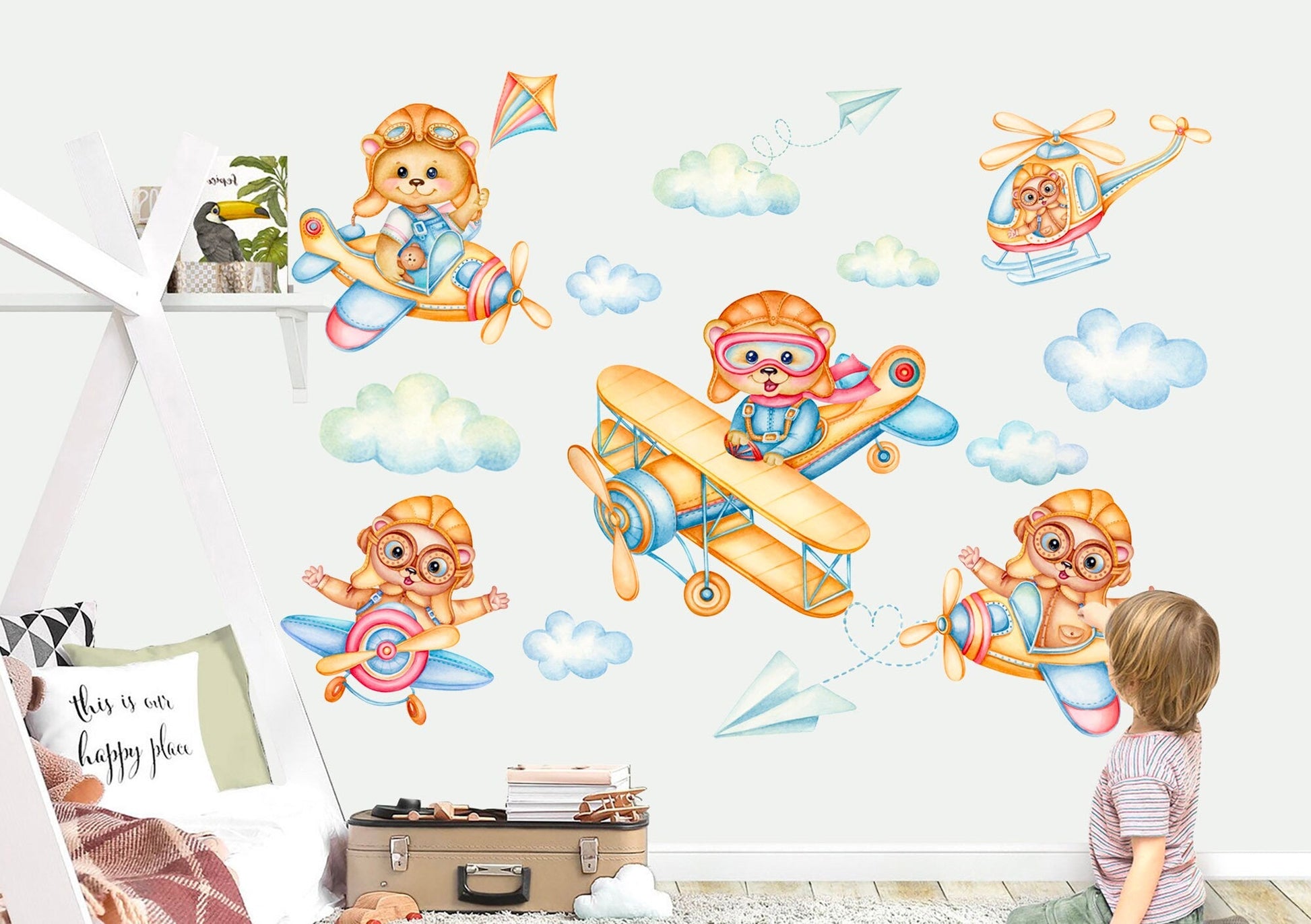 Flying Squirrels in Aviator Helmets Sky Adventure Wall Decal - Airplane Helicopter Sky World - BR391