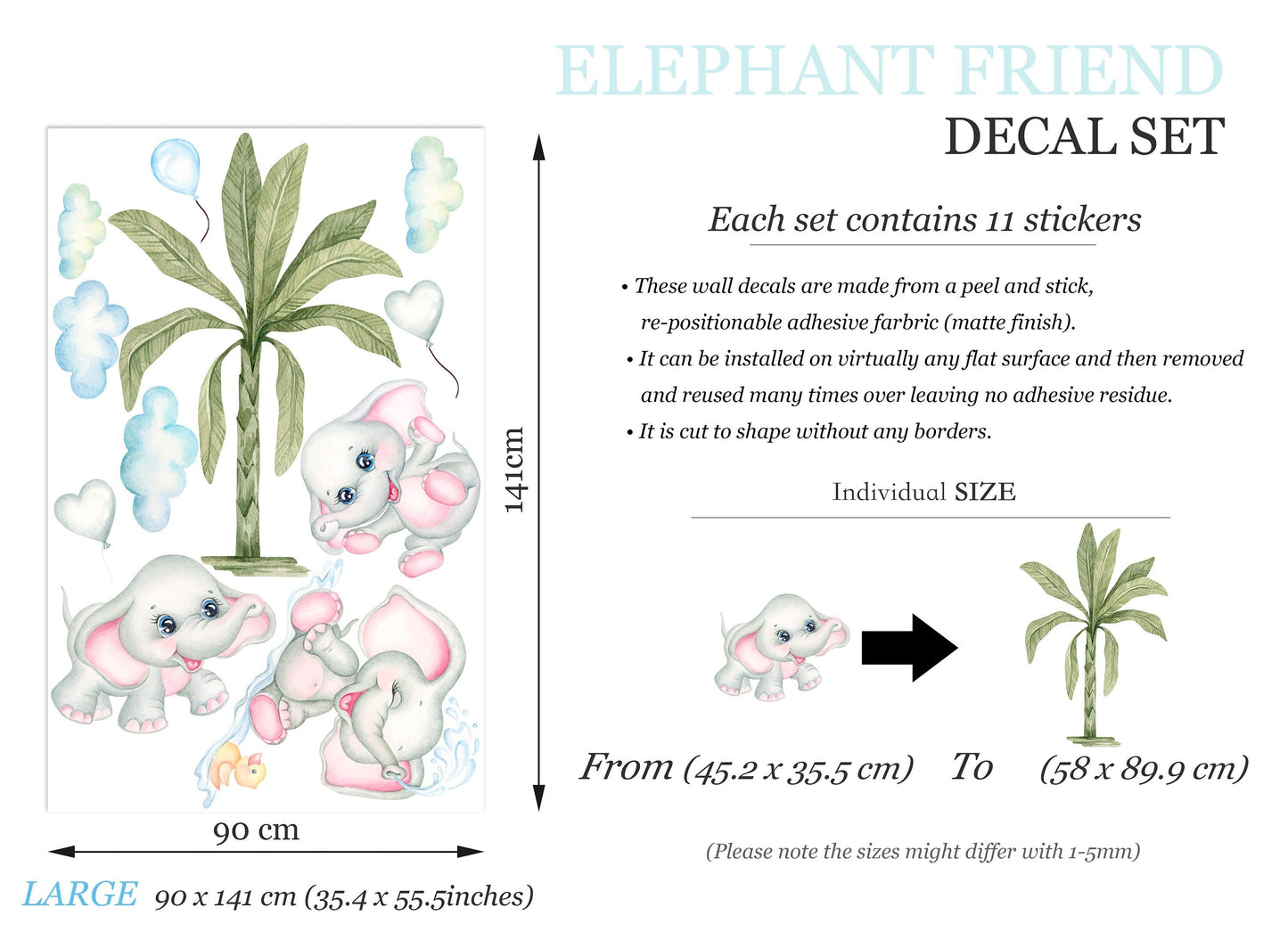 Baby Elephants Playing with Balloons and Water under Coconut Tree Removable Nursery Wall Decal - BR393