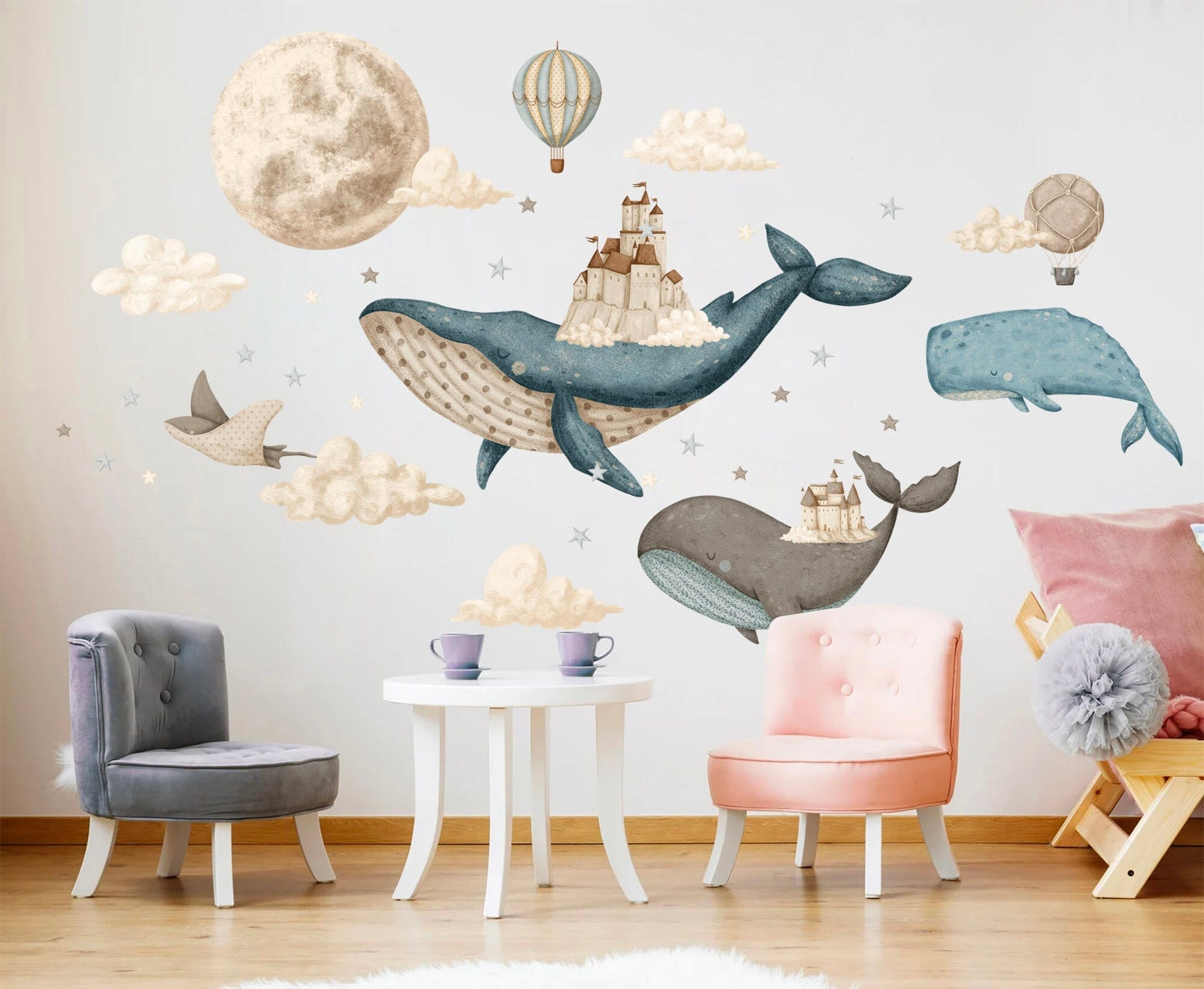 Castle on Whale Sky City Wall Decal - Dreamy Watercolor Kids Room Decor - BR386