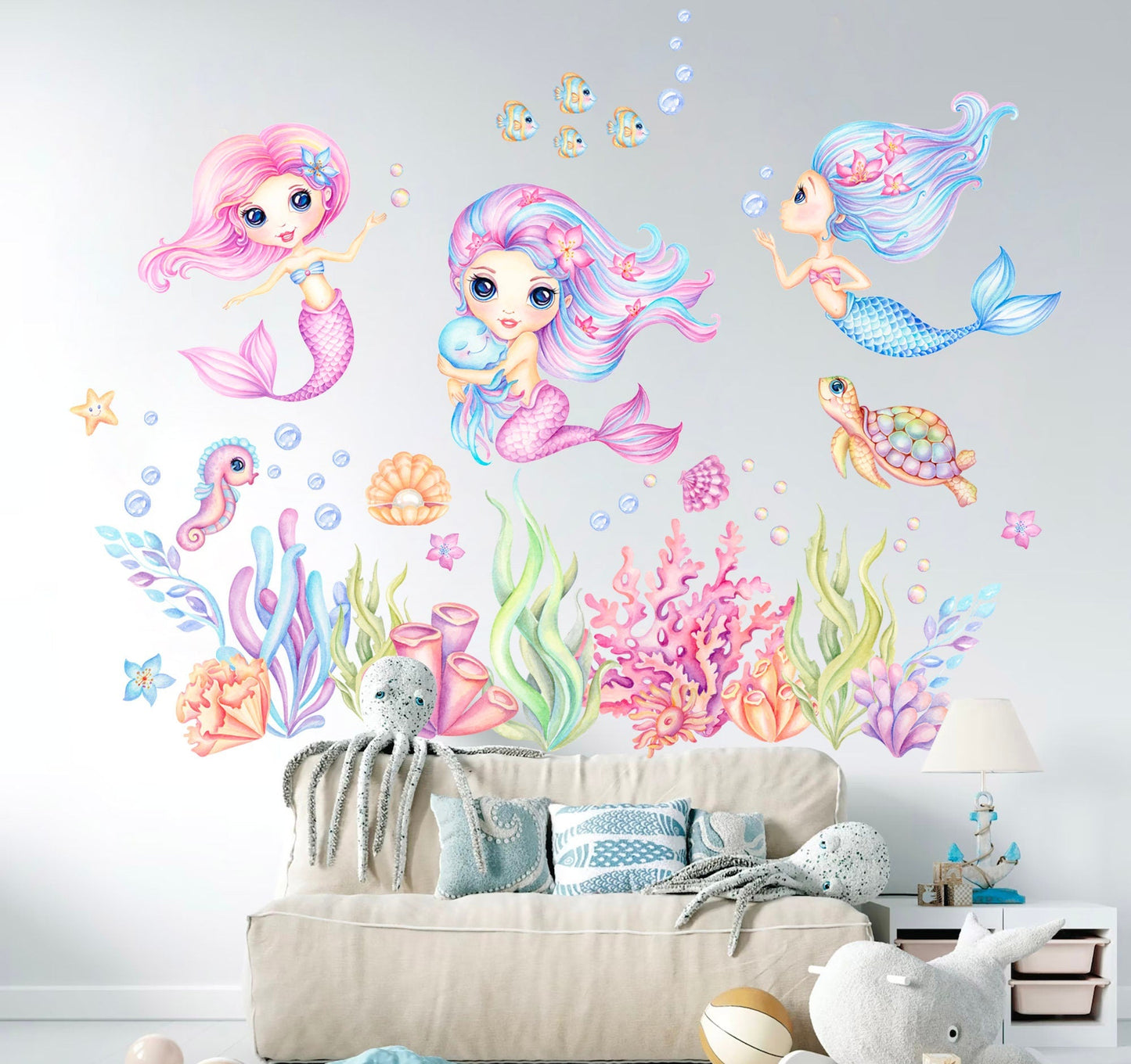 Mermaids Underwater Adventure Wall Decal - Seashells Coral Seahorse Turtle Jellyfish - Removable Peel and Stick - BR390
