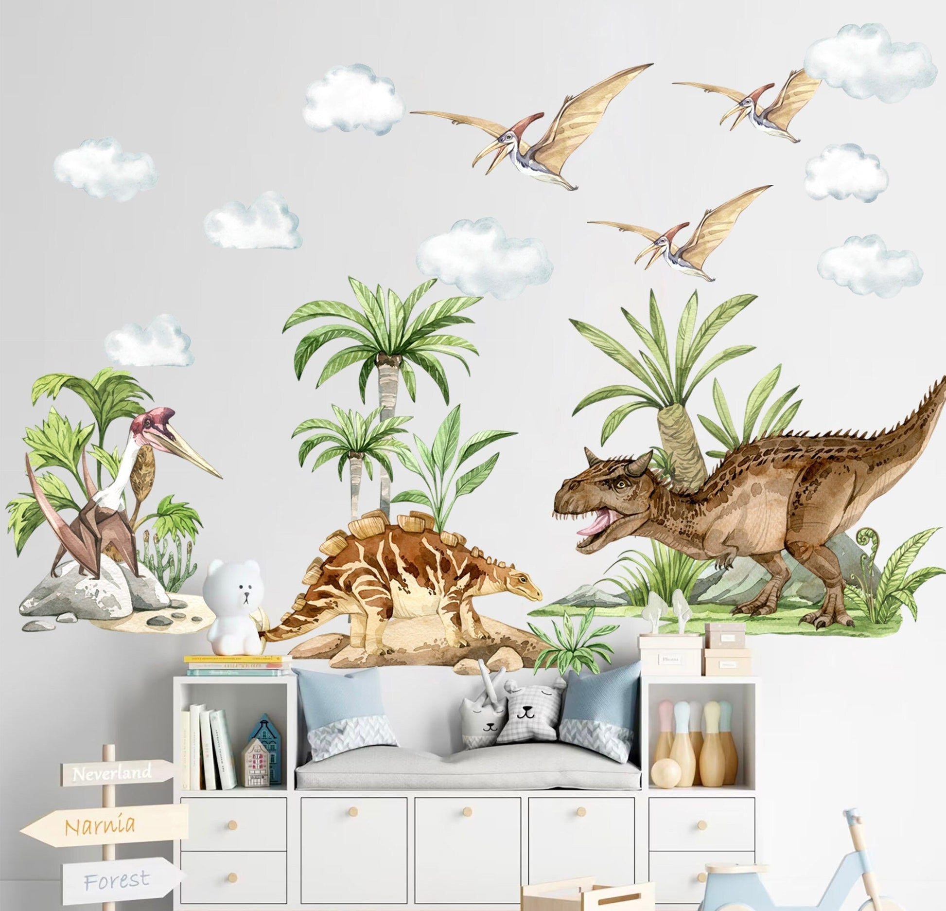 Jurassic Dinosaur T-Rex Triceratops Brachiosaurus Trees Rocks Clouds Wall Decal - BR399