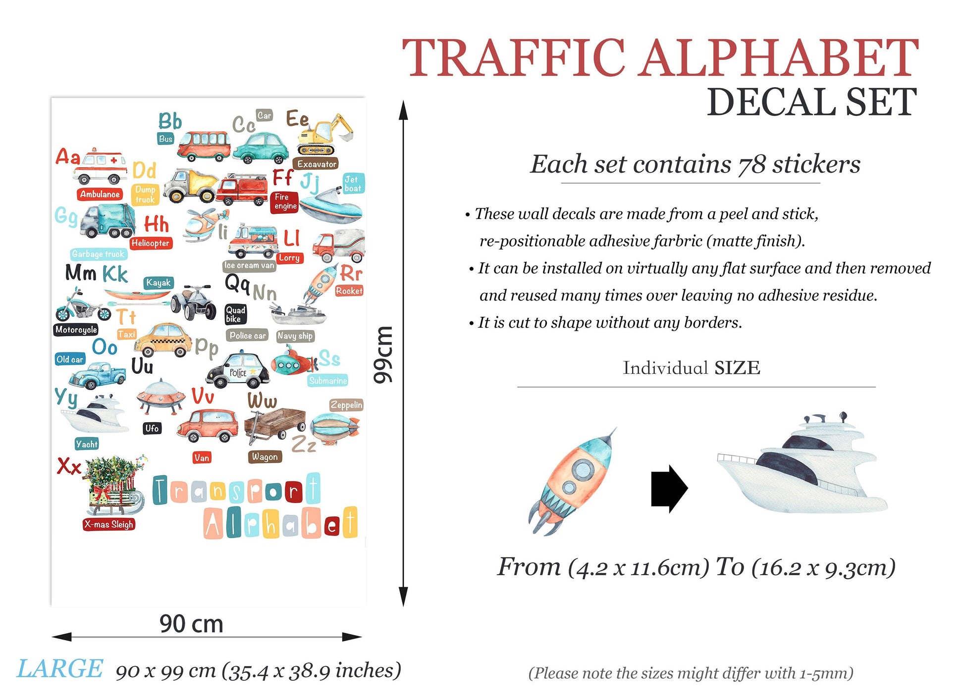 Transport Alphabet Learning ABC Wall Decals - Great gift for Kids Room - BR138