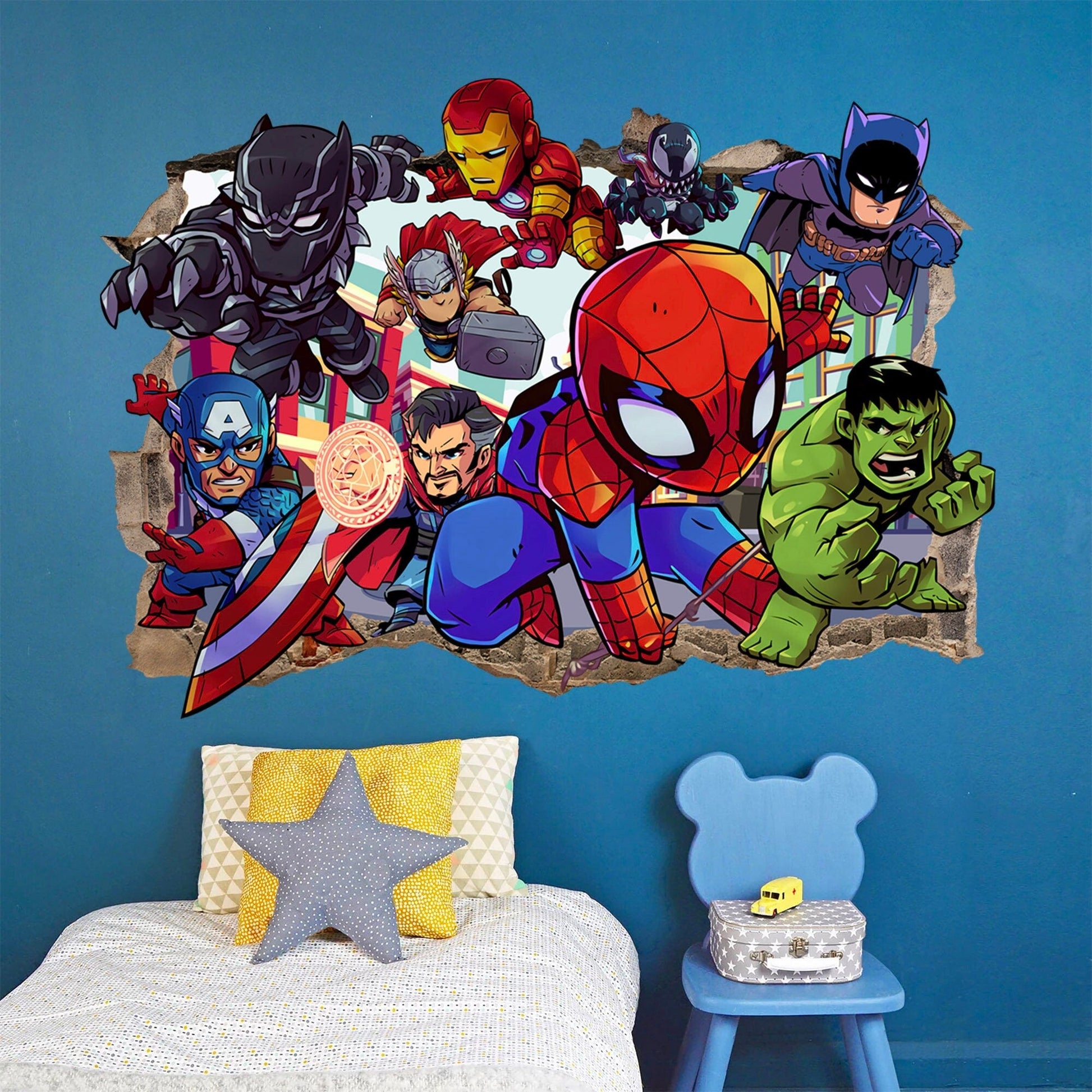 Bursting Avengers Super heroes Spiderman Iron Man Hulk Captain America 3D Smashed Wall Decal