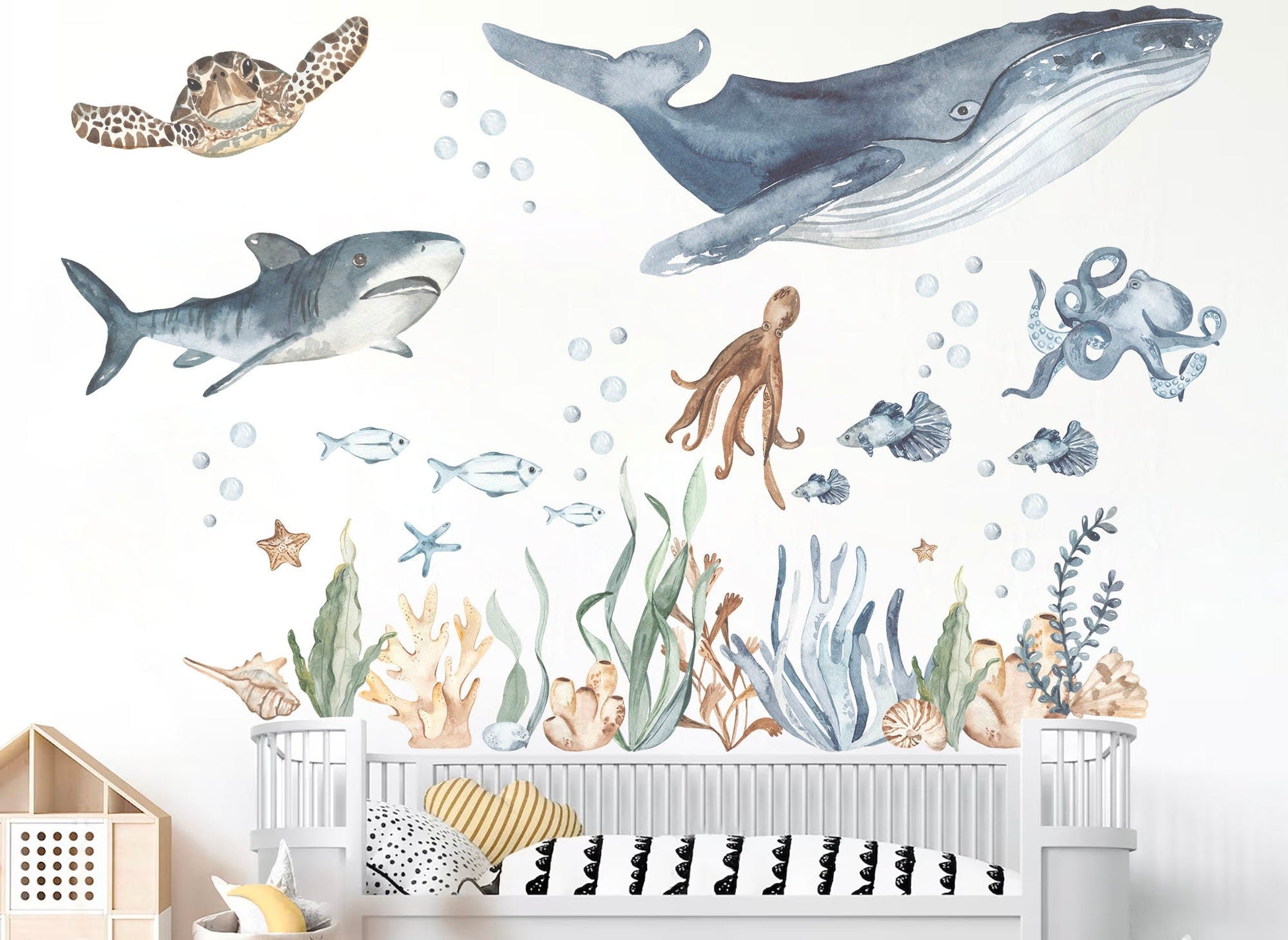 Underwater Adventure with Whale, Shark, Octopus, and Turtle Wall Decal - Removable Peel and Stick - BR410