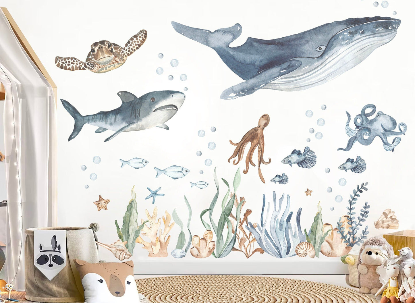 Underwater Adventure with Whale, Shark, Octopus, and Turtle Wall Decal - Removable Peel and Stick - BR410
