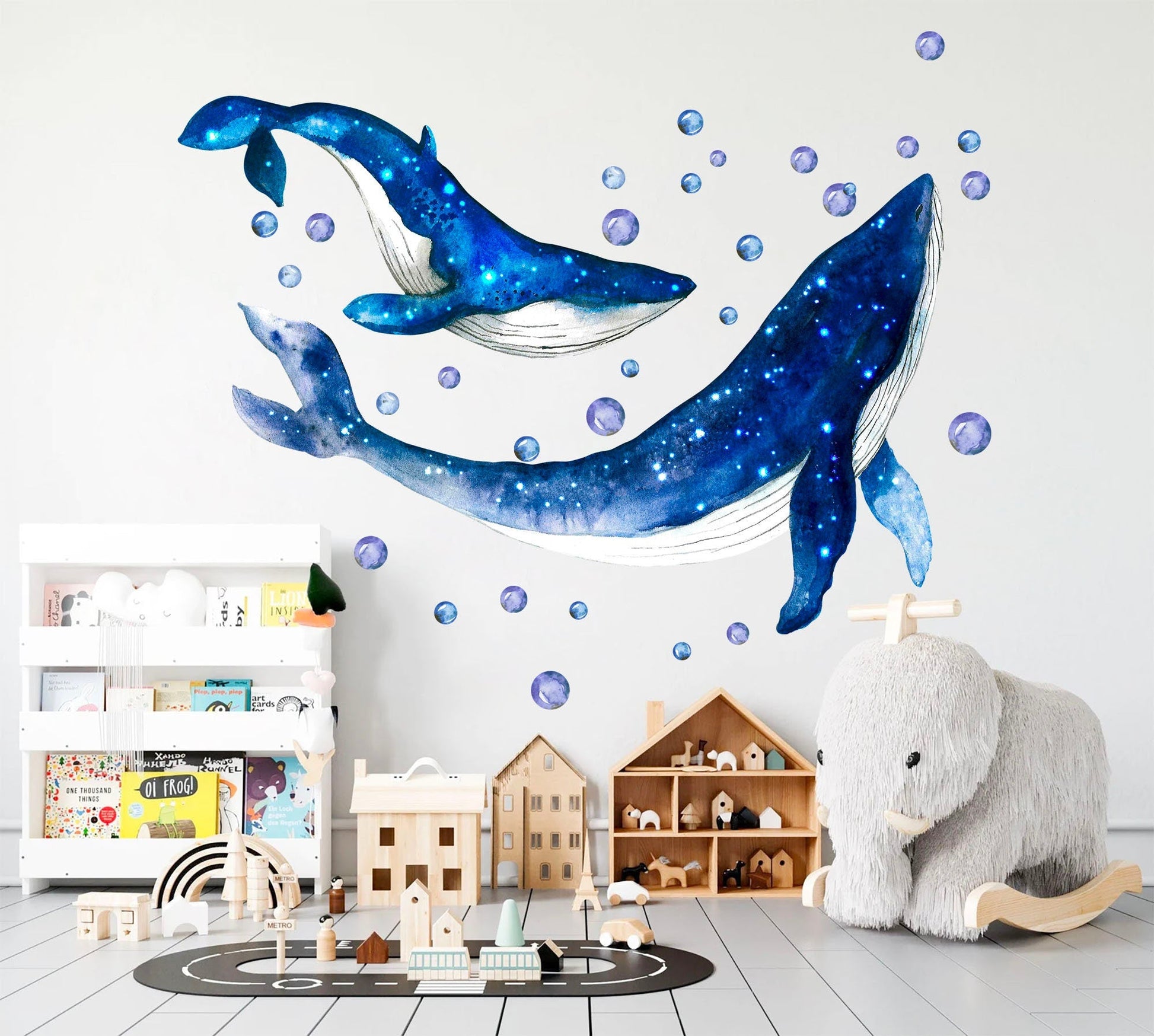 Whale Mom and Baby in Blue Bubbles Wall Decal - Removable Peel and Stick - BR413