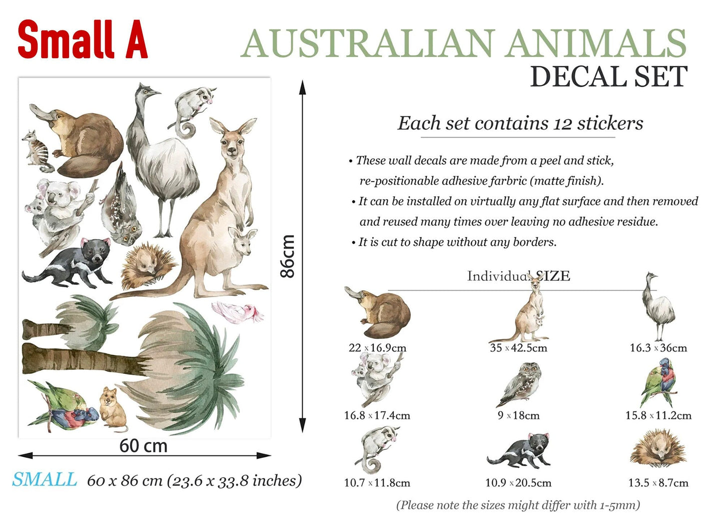 Australian Animals and Plants Kangaroo Koala Eucalyptus Removable Nursery Wall Decal - BR125