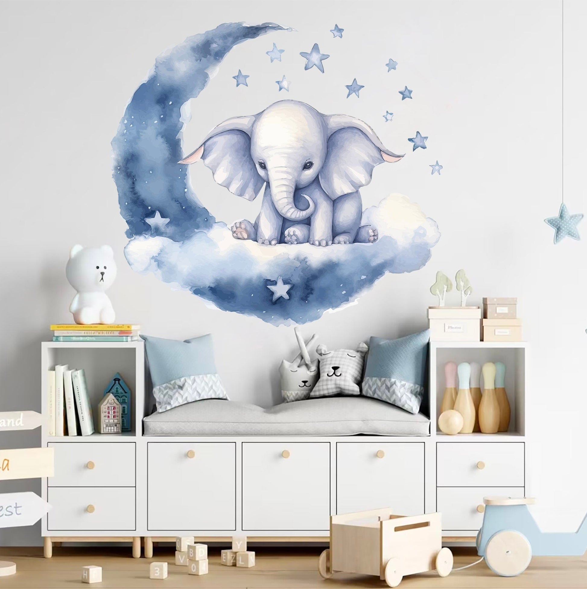 Adorable Baby Elephant Moon and Stars Wall Decal - African Animal Nursery Decor -BR419