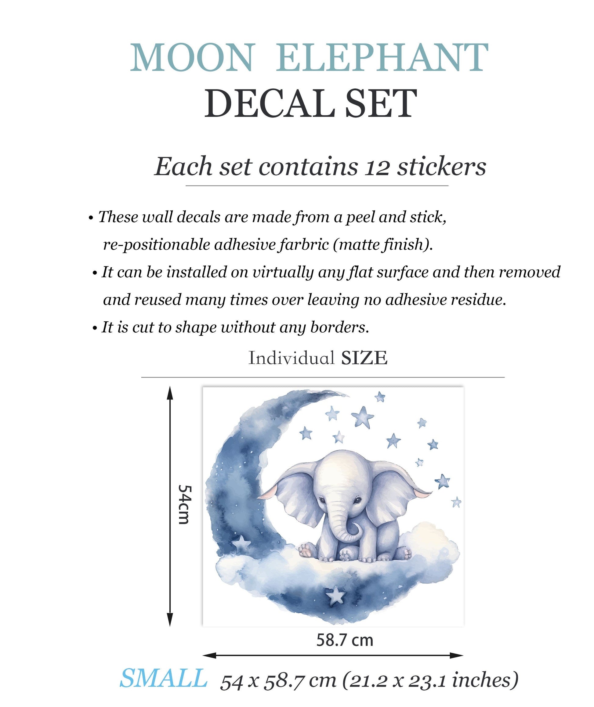 Adorable Baby Elephant Moon and Stars Wall Decal - African Animal Nursery Decor -BR419