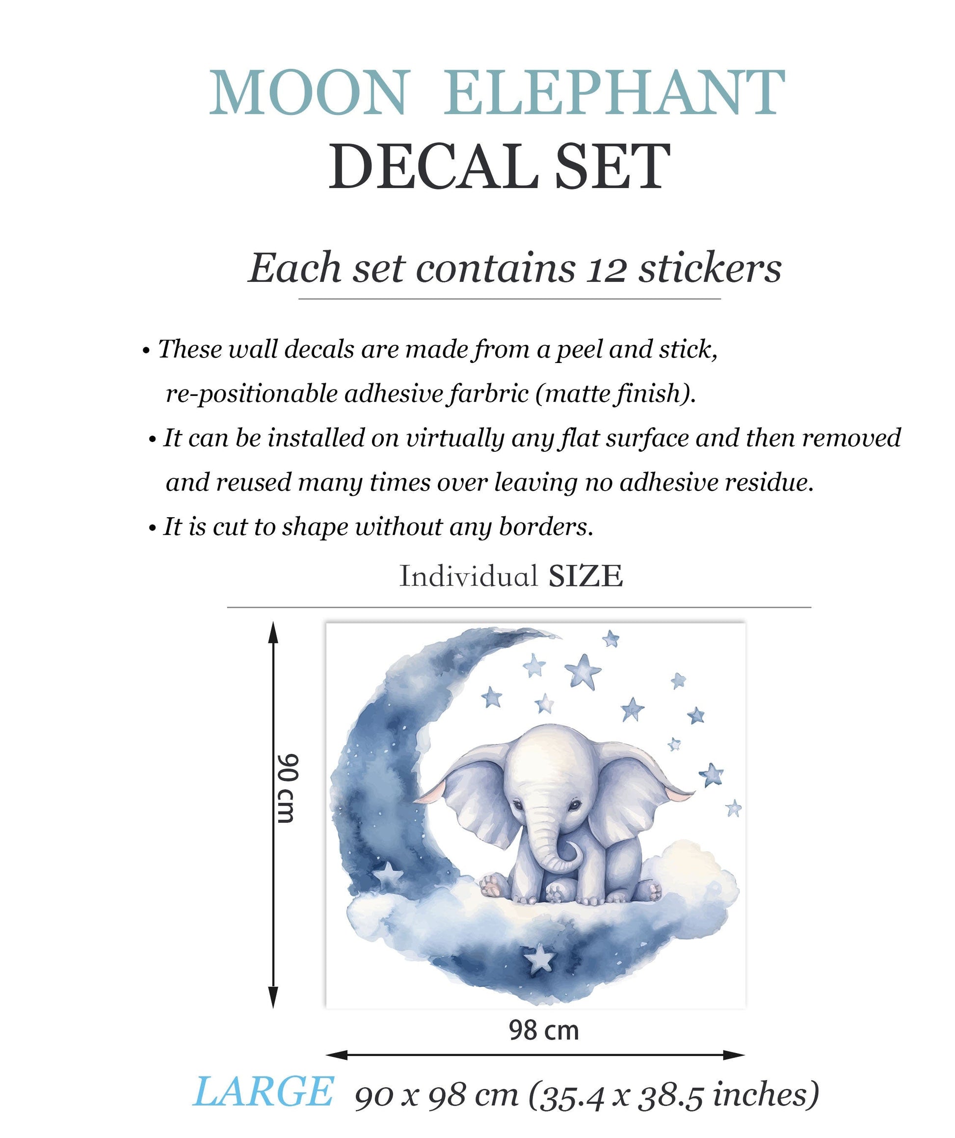 Adorable Baby Elephant Moon and Stars Wall Decal - African Animal Nursery Decor -BR419