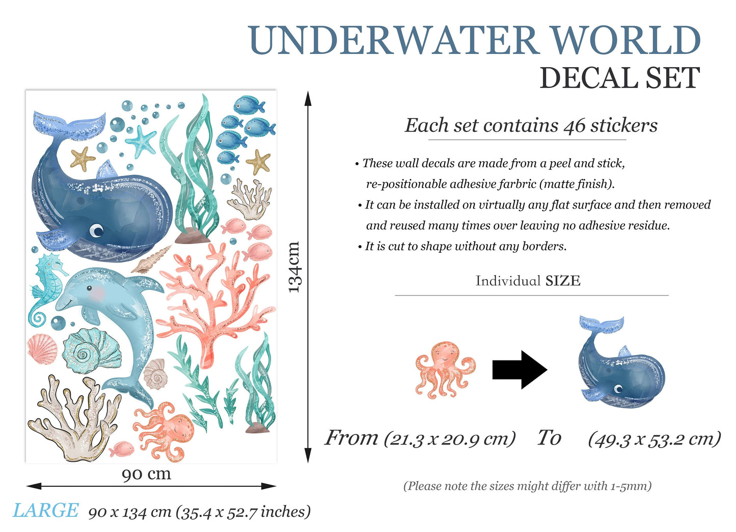 Deep Blue Whale Light Blue Dolphin Cartoon Wall Decal - Playful Underwater Scene - BR411