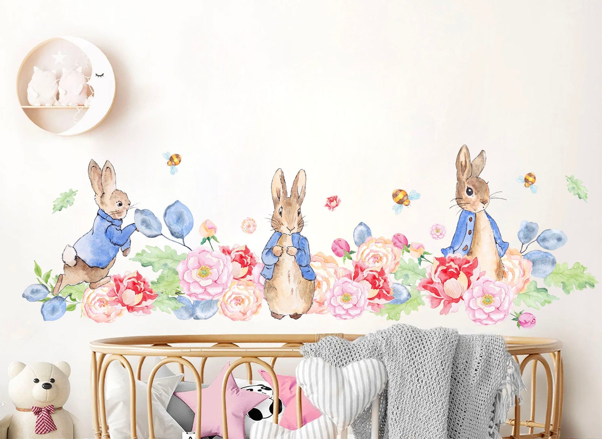 Storybook Rabbit Family: Cartoon Wall Decal in a Floral Wonderland - BR421