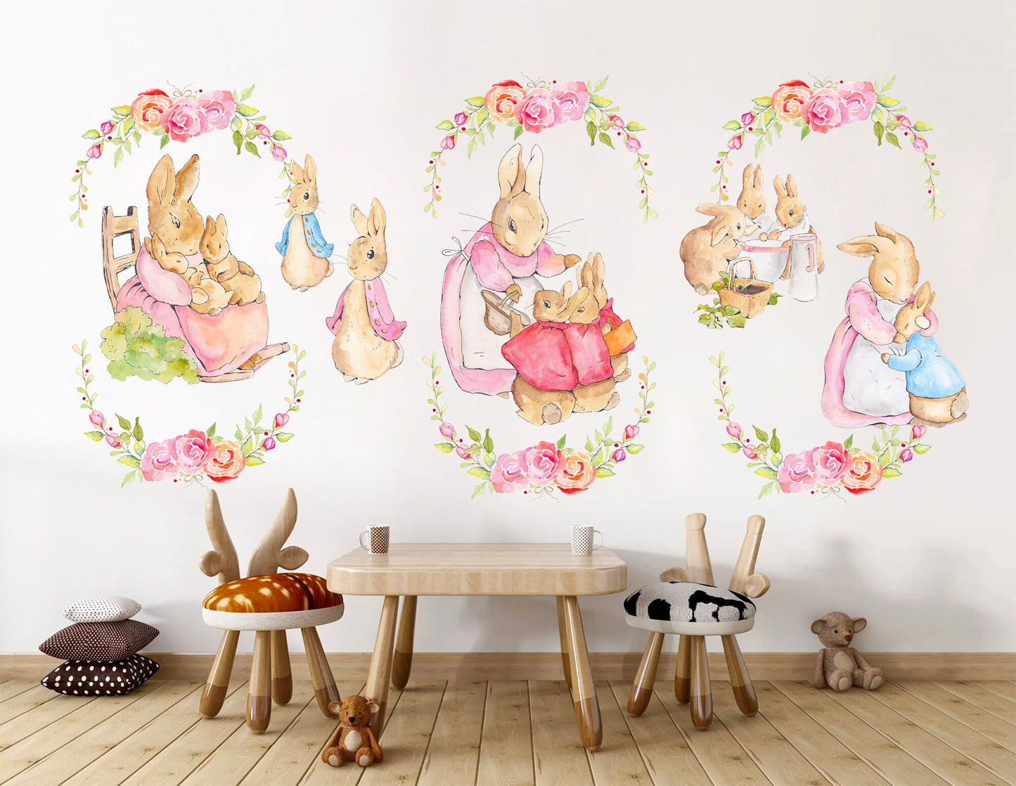 Storybook Rabbit Family: Cartoon Wall Decal in a Floral Wonderland - BR421