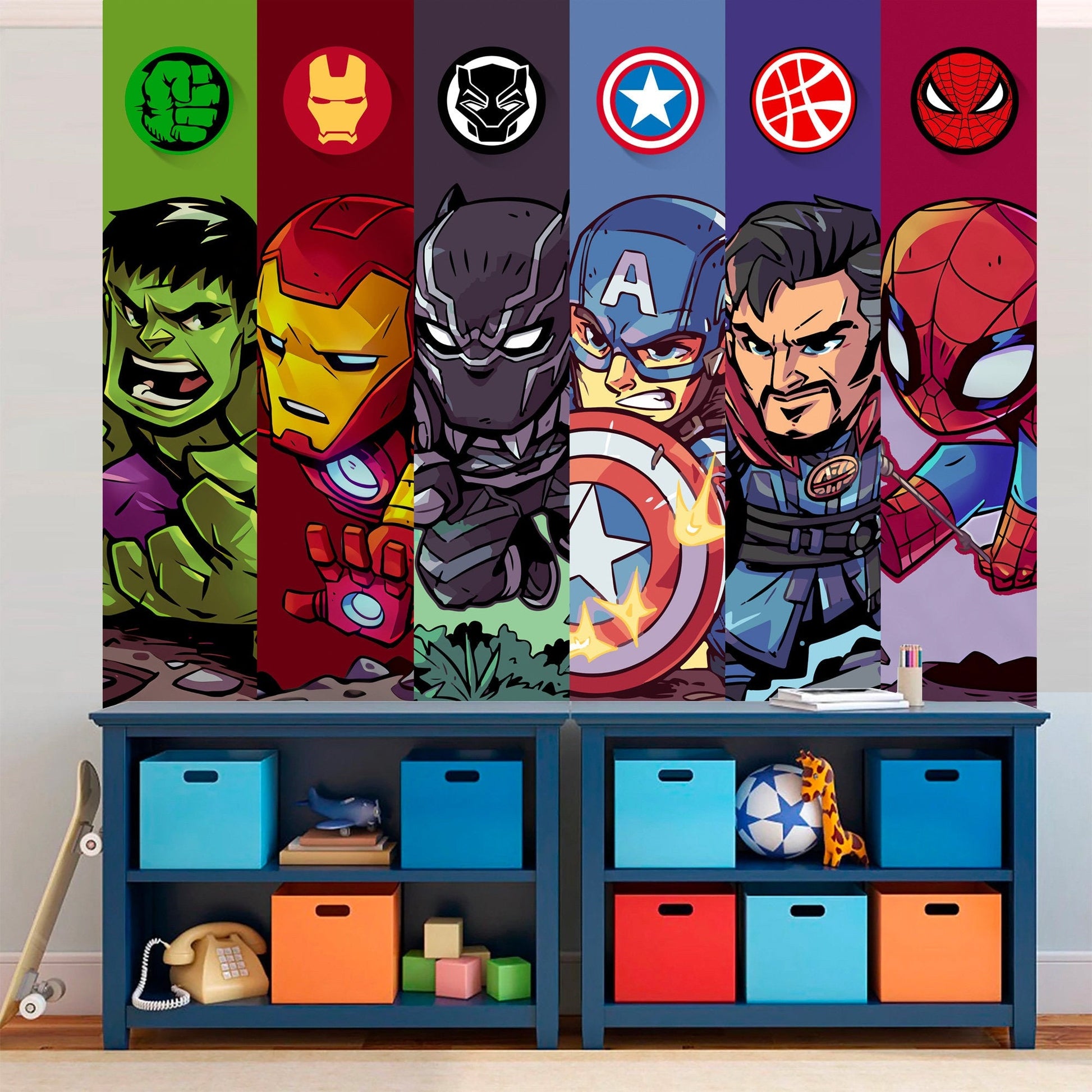 Cartoon Superheroes Banner - Iconic Logos and Portraits