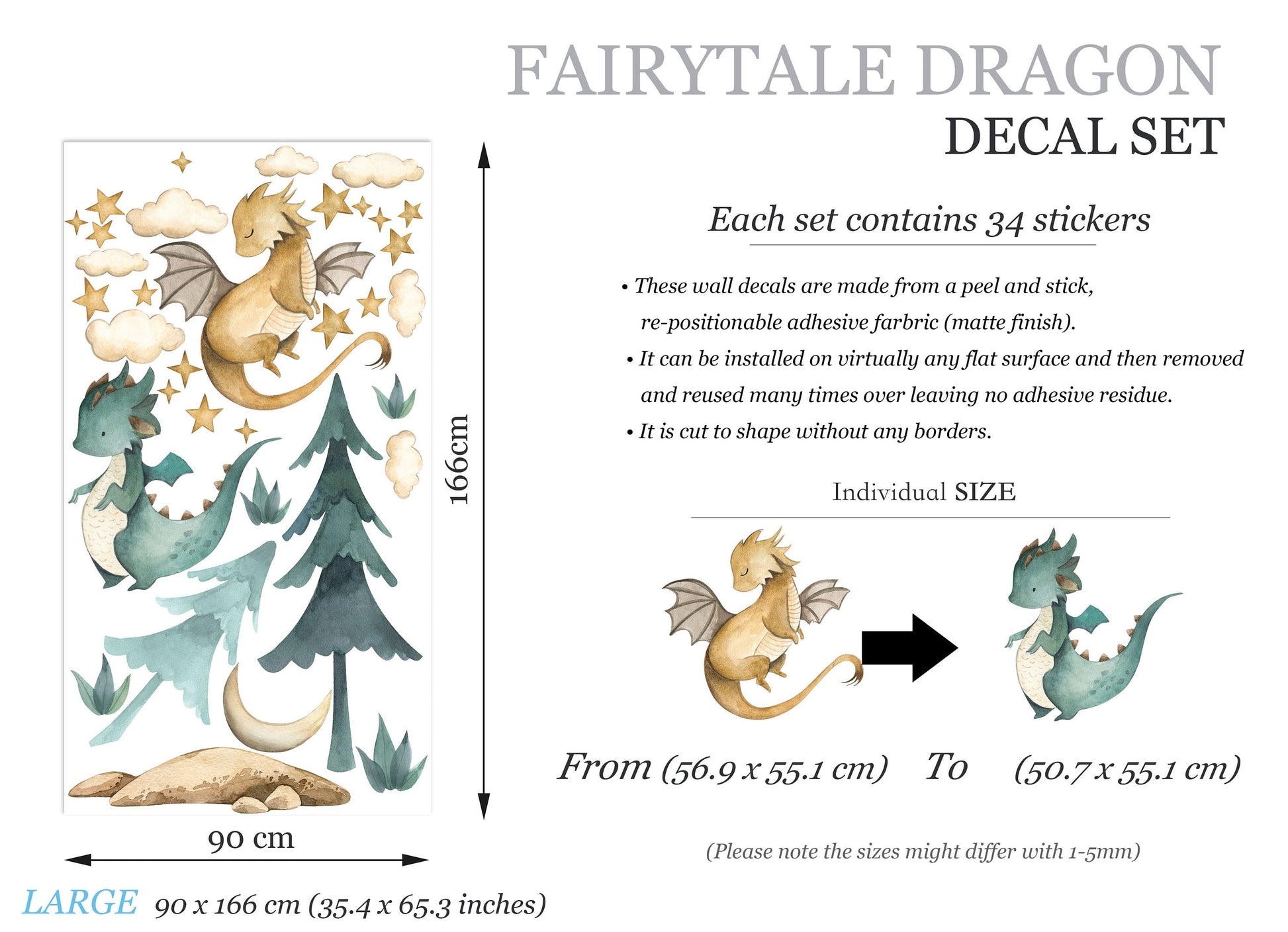 Baby Dragon Resting Under Stars Moon Trees Wall Decal - Removable Peel and Stick - BR426