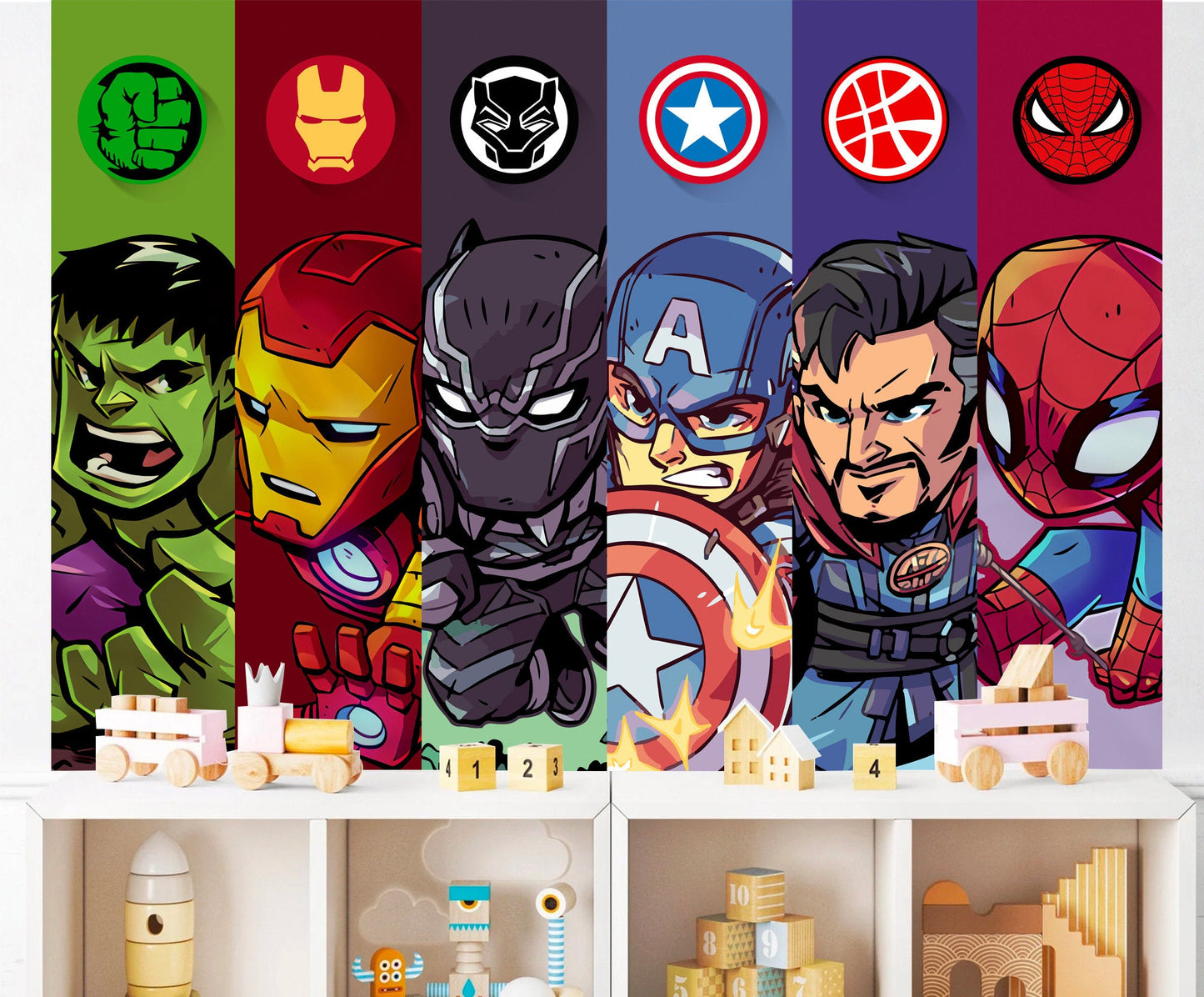Cartoon Superheroes Banner - Iconic Logos and Portraits