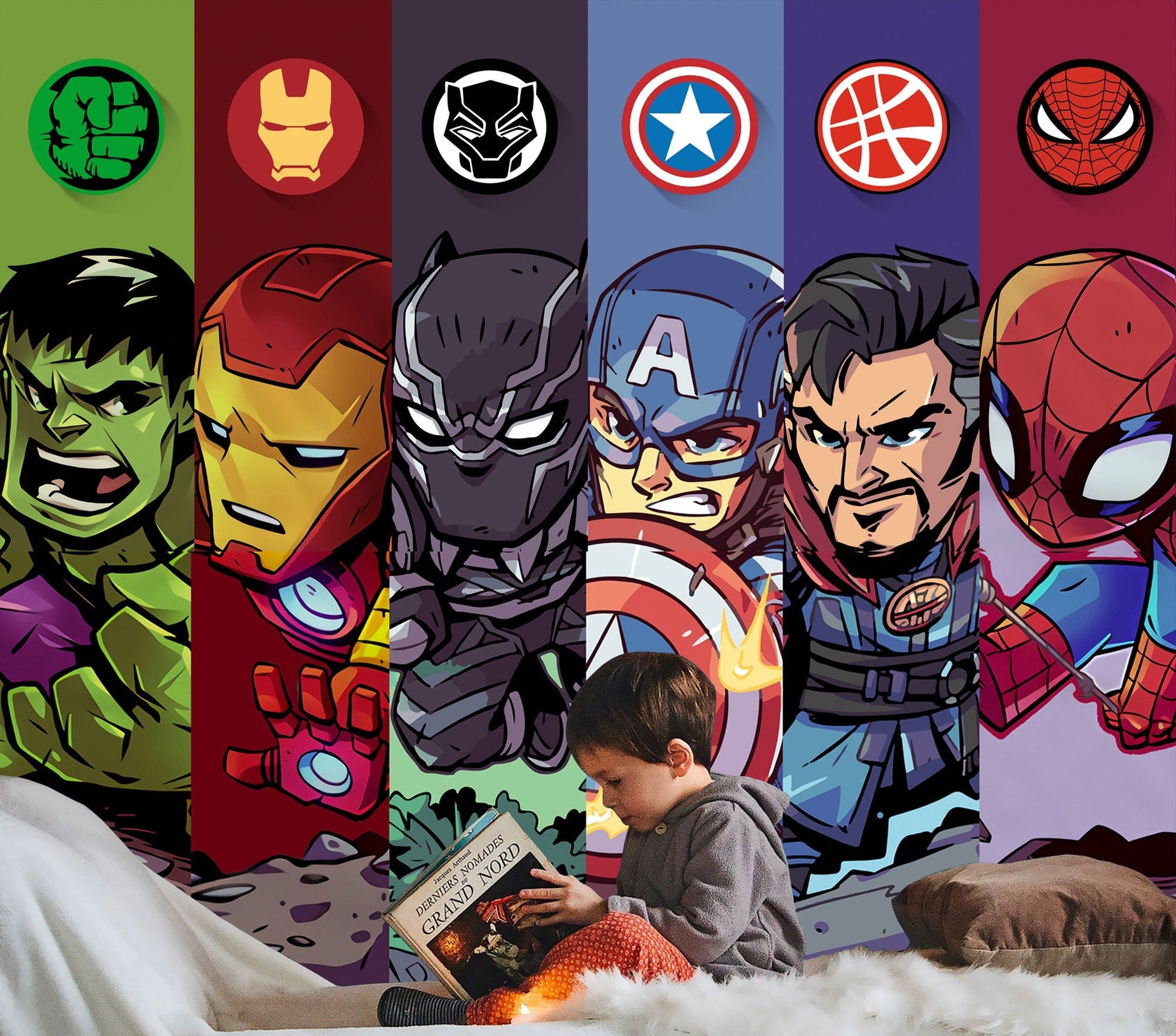 Cartoon Superheroes Banner - Iconic Logos and Portraits