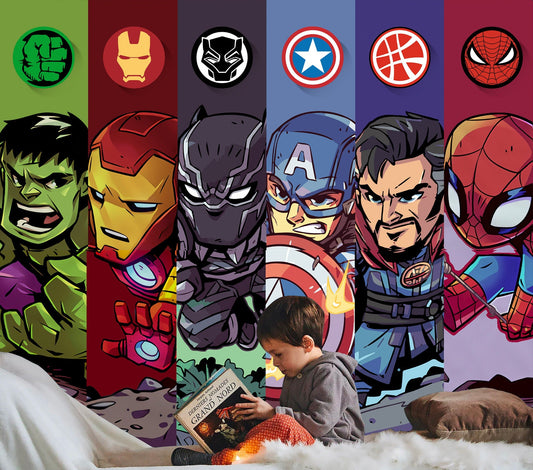 Cartoon Superheroes Banner - Iconic Logos and Portraits