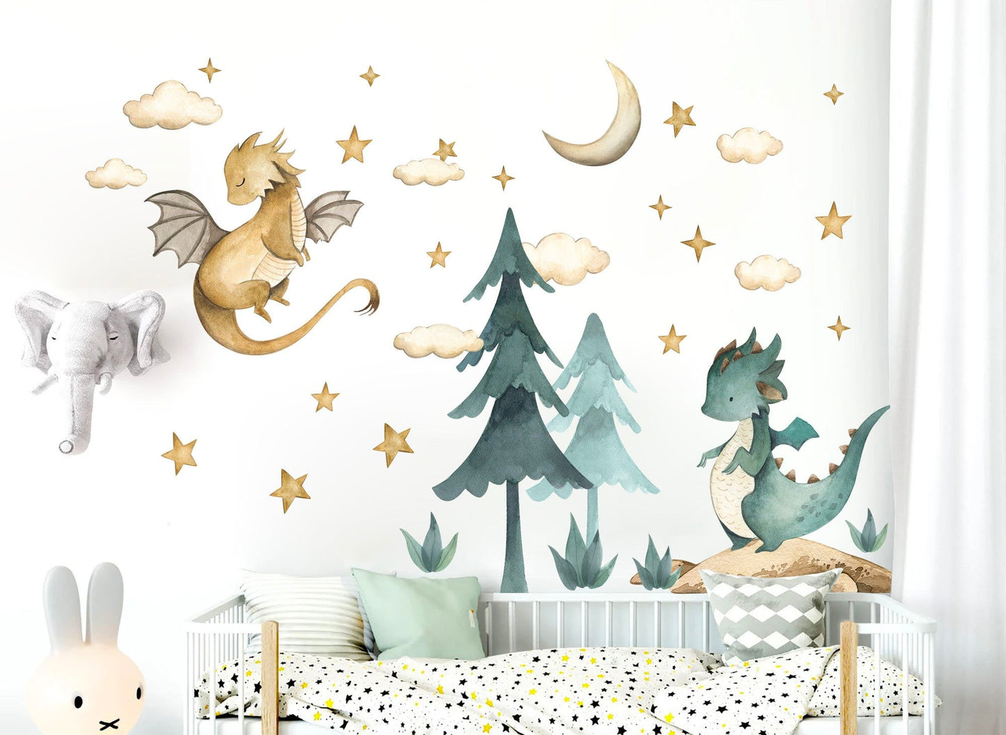 Baby Dragon Resting Under Stars Moon Trees Wall Decal - Removable Peel and Stick - BR426
