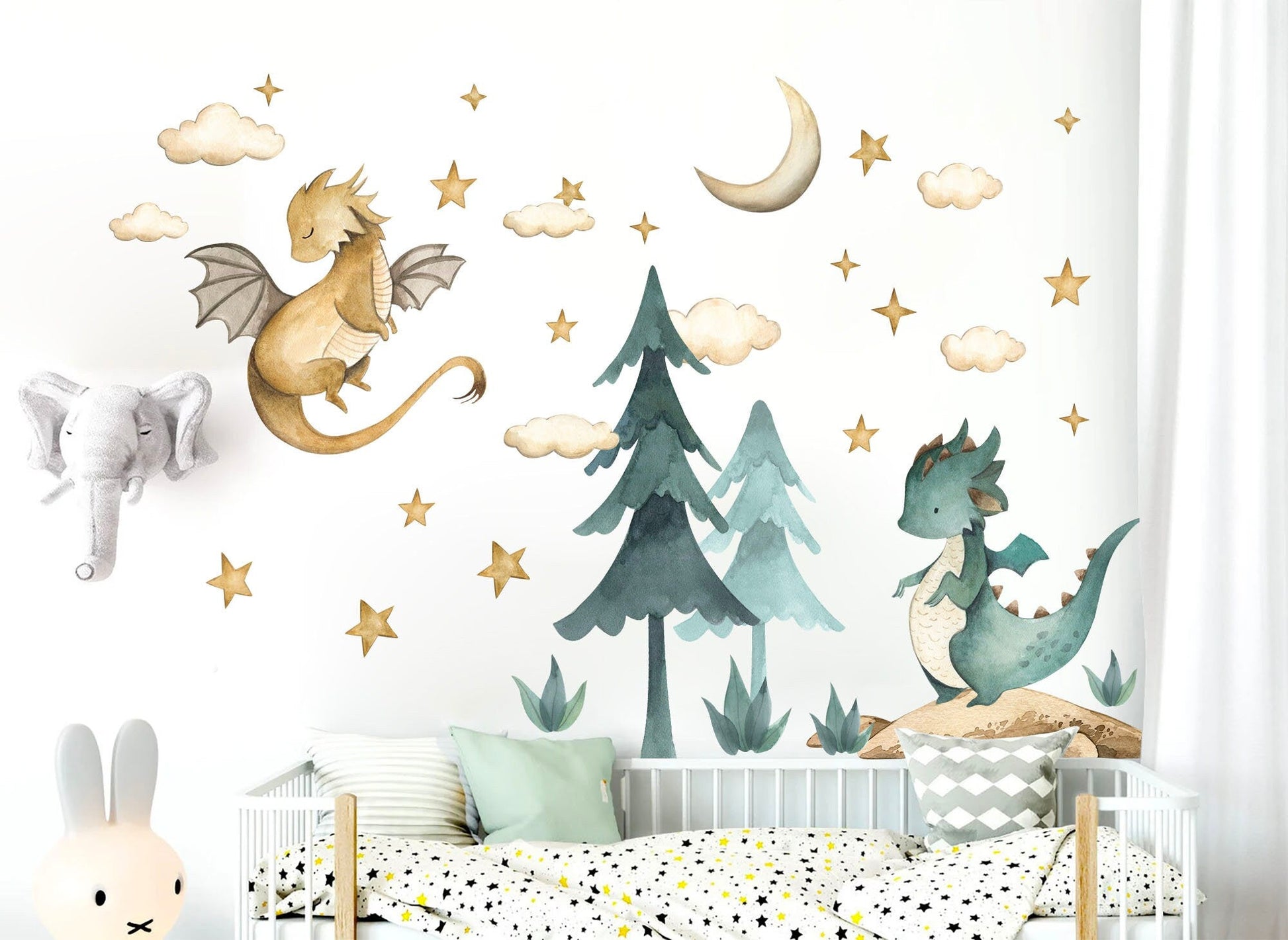 Baby Dragon Resting Under Stars Moon Trees Wall Decal - Removable Peel and Stick - BR426