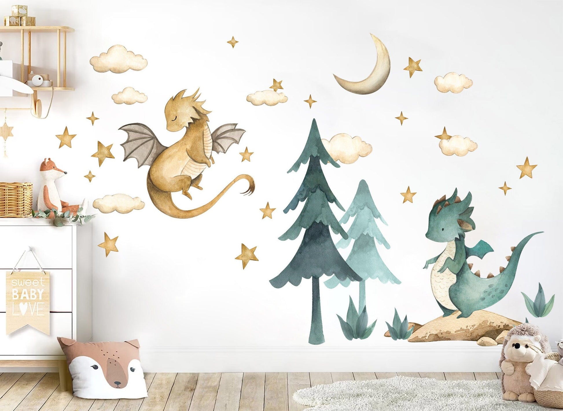 Baby Dragon Resting Under Stars Moon Trees Wall Decal - Removable Peel and Stick - BR426