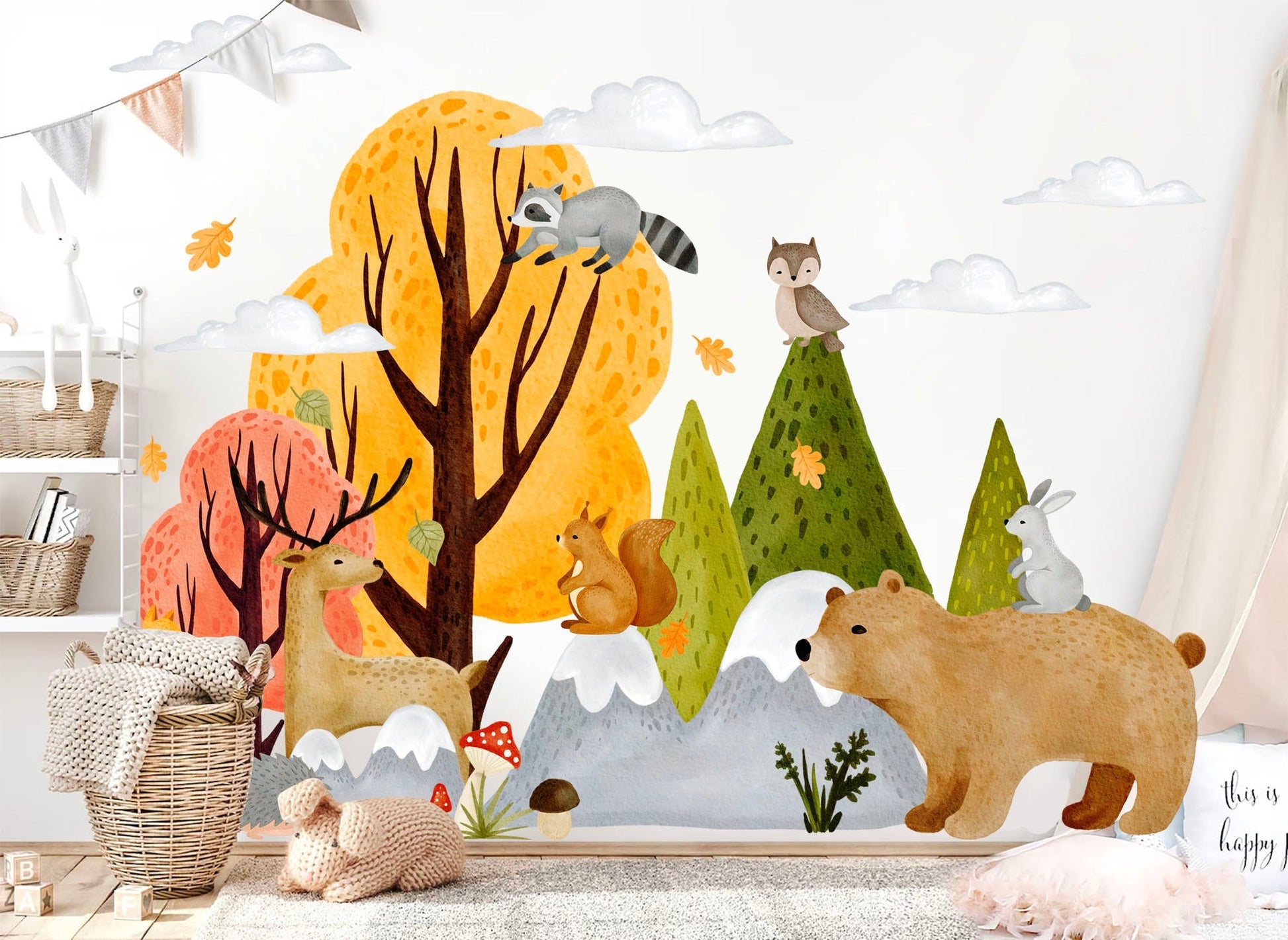 Autumn Forest Baby Animlas Wall Decal - bear deer squirrel Mountain - BR432