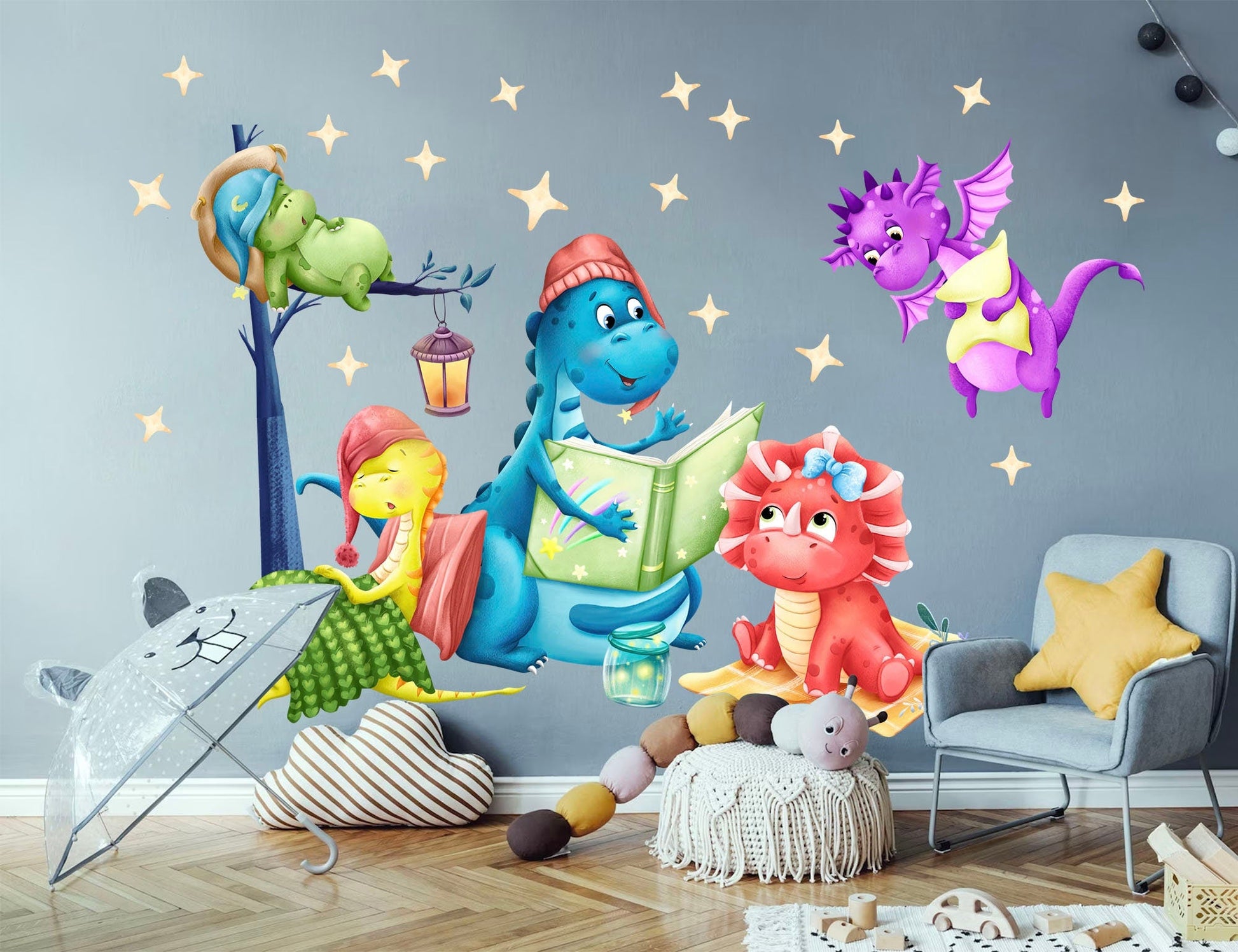 Playful Dragon Cartoon Story Reading Sleep Nursery Wall Decal - BR435