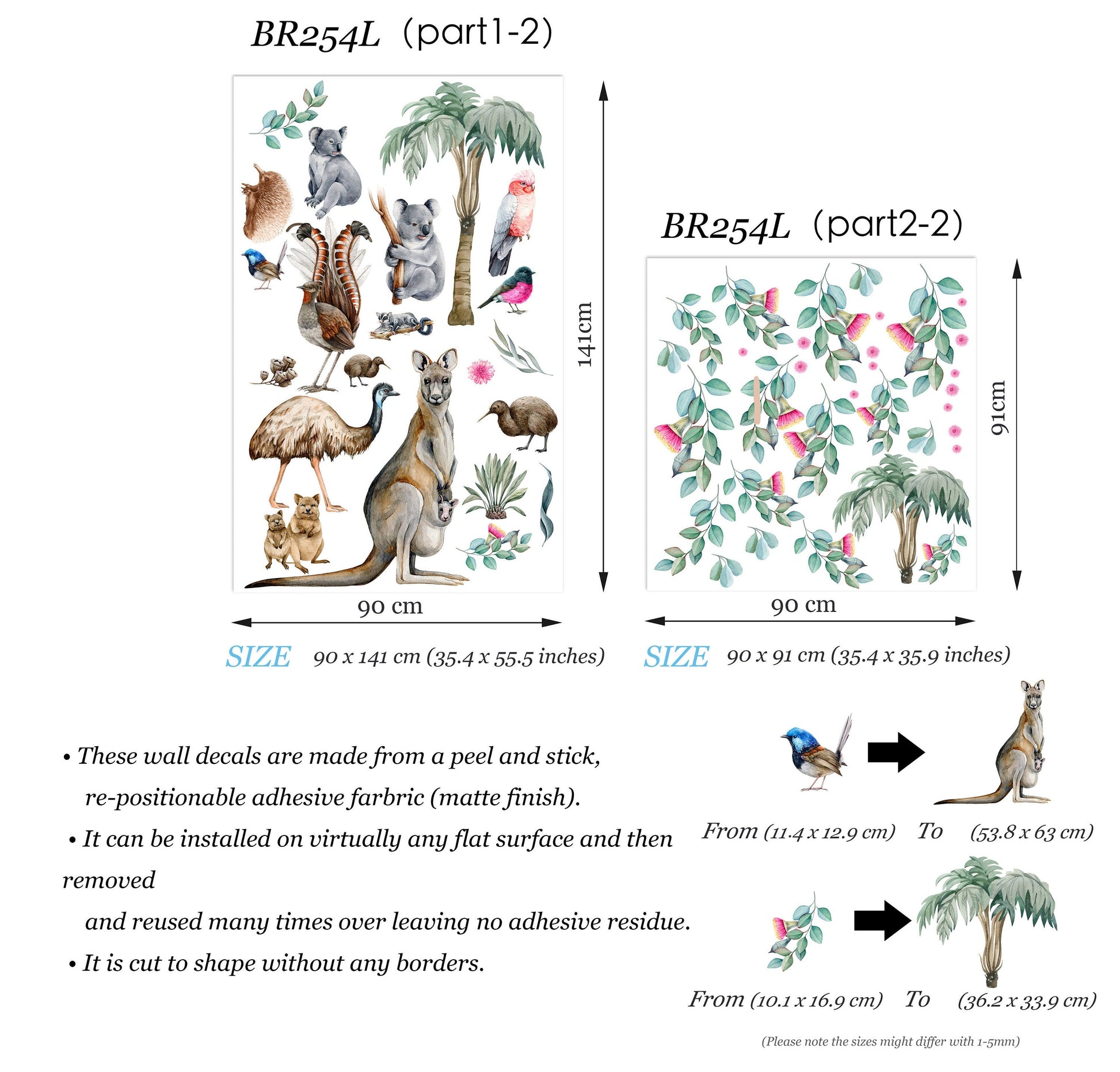Aussie Animals and Flowers Kangaroo Koala Leaves Removable Wall Decal Peel and Stick - BR254