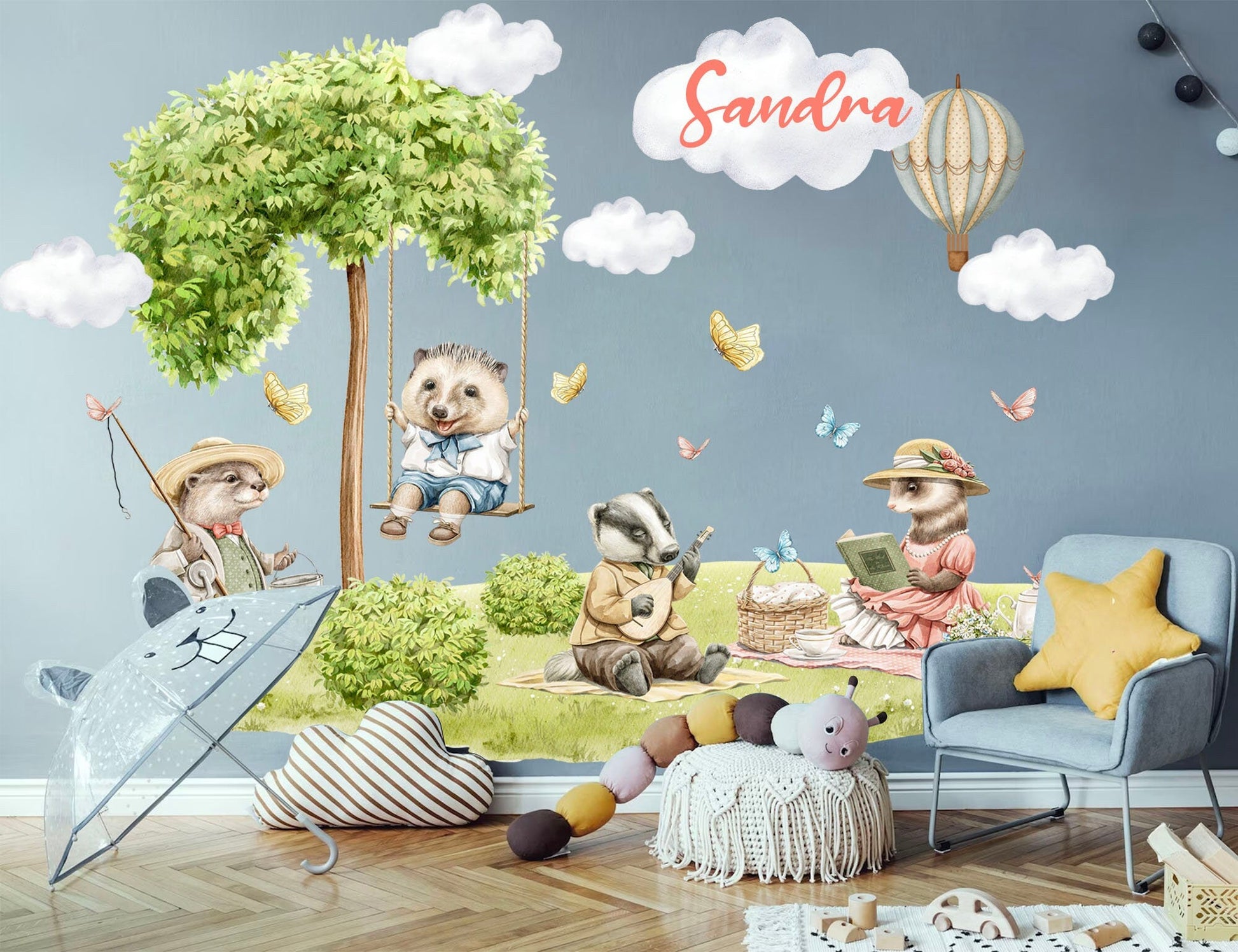 Customizable Name Forest Friends Picnic Wall Decor - Removable Peel and Stick - BR437