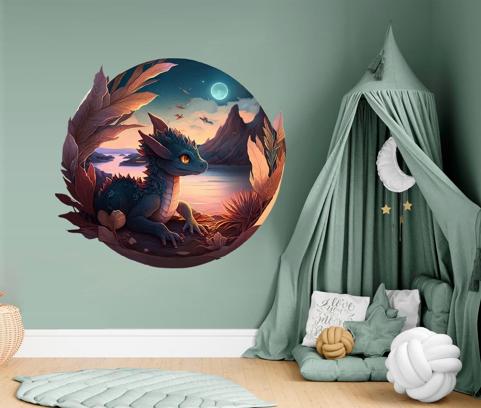 Night Sky Baby Dragon Watch the Moon Wall Decal - Removable Peel and Stick - BR438