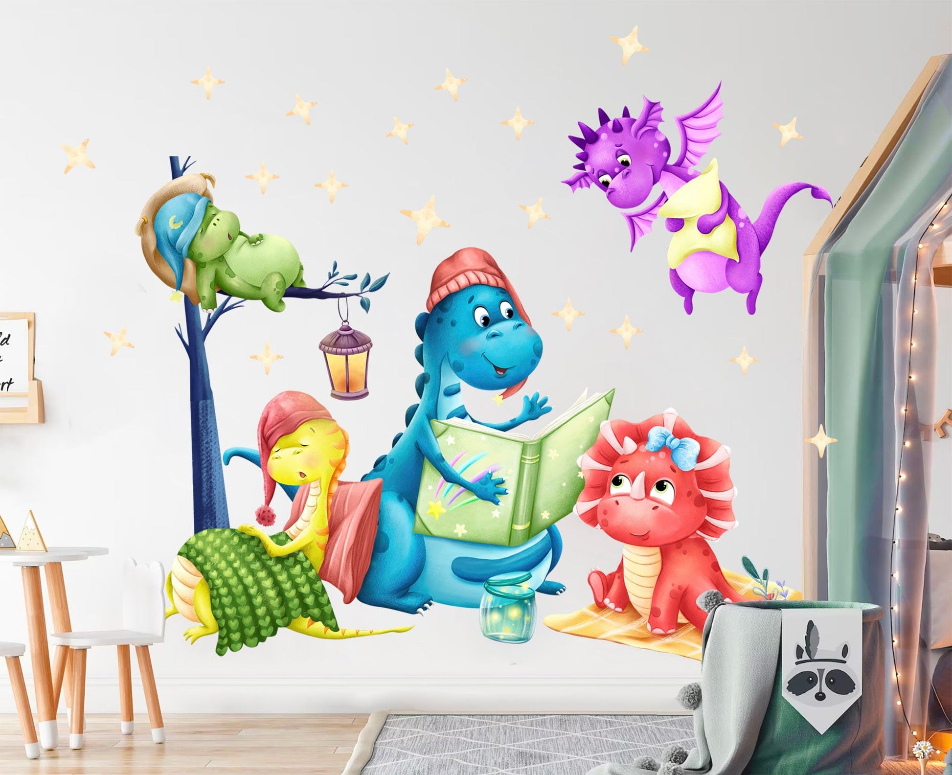 Playful Dragon Cartoon Story Reading Sleep Nursery Wall Decal - BR435