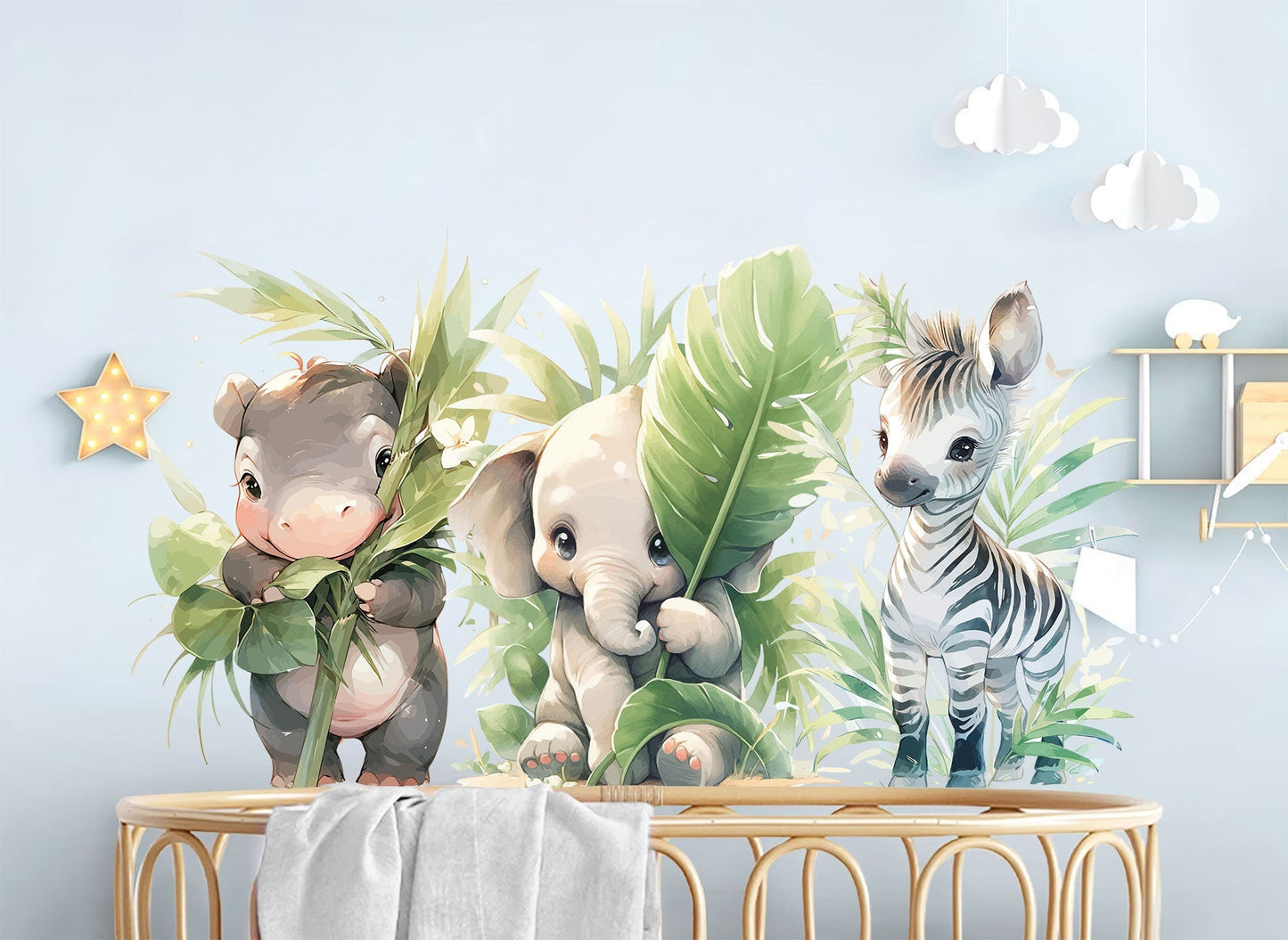 Adorable African Animal Babies Wall Decal - Hippo, Elephant, and Zebra Cuddles - BR442