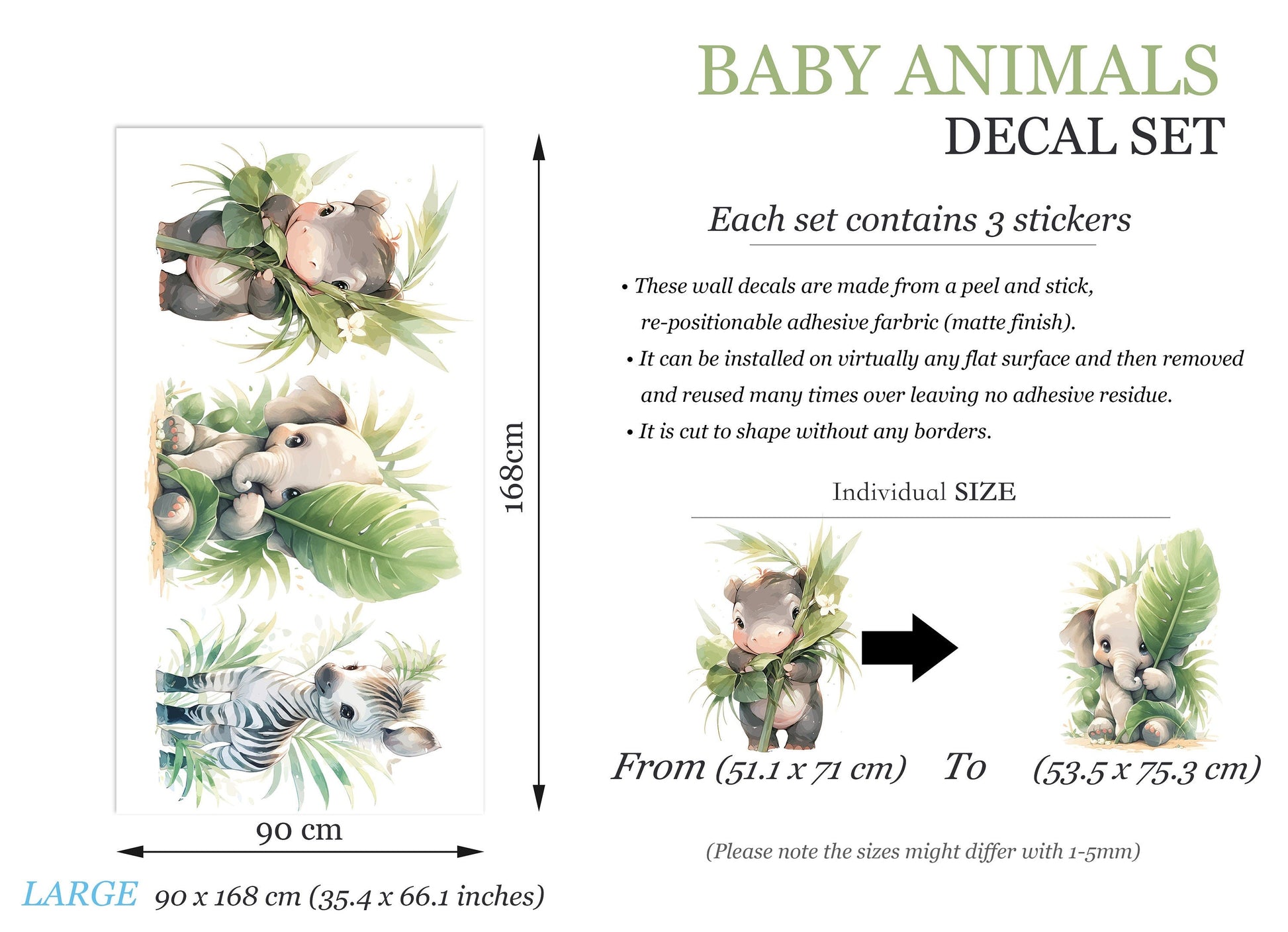 Adorable African Animal Babies Wall Decal - Hippo, Elephant, and Zebra Cuddles - BR442