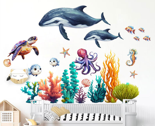 Enchanting Ocean Life Cartoon Wall Decal - Whale Ray Turtle Octopus Corals Seaweed - Perfect for Kids Room Decor - BR441