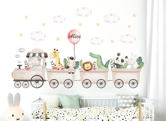 Safari Train Adventure Wall Decal - Elephant Giraffe Hippo Zebra Lion with Clouds and Stars - BR445