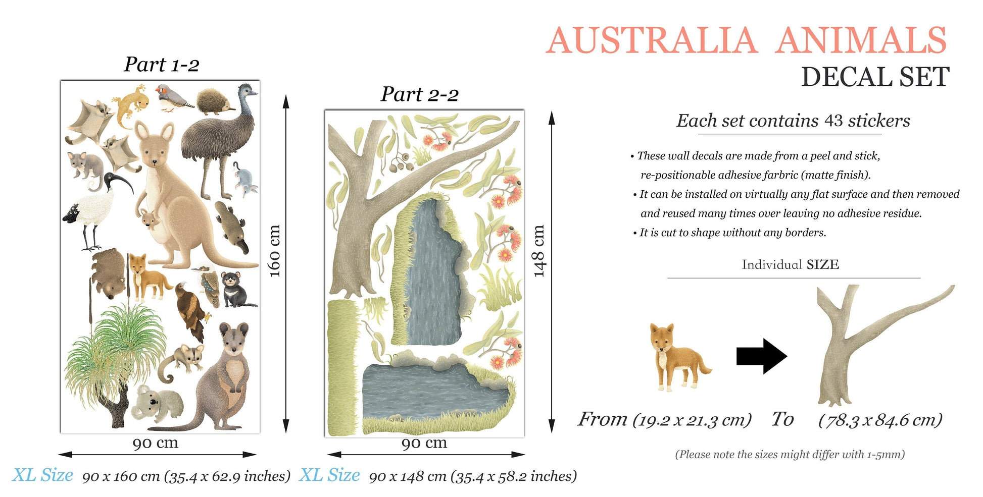 Aussie Baby Animals Kangaroo Koala Eucalyptus Flying Squirrel Removable Nursery Wall Decal - BR446