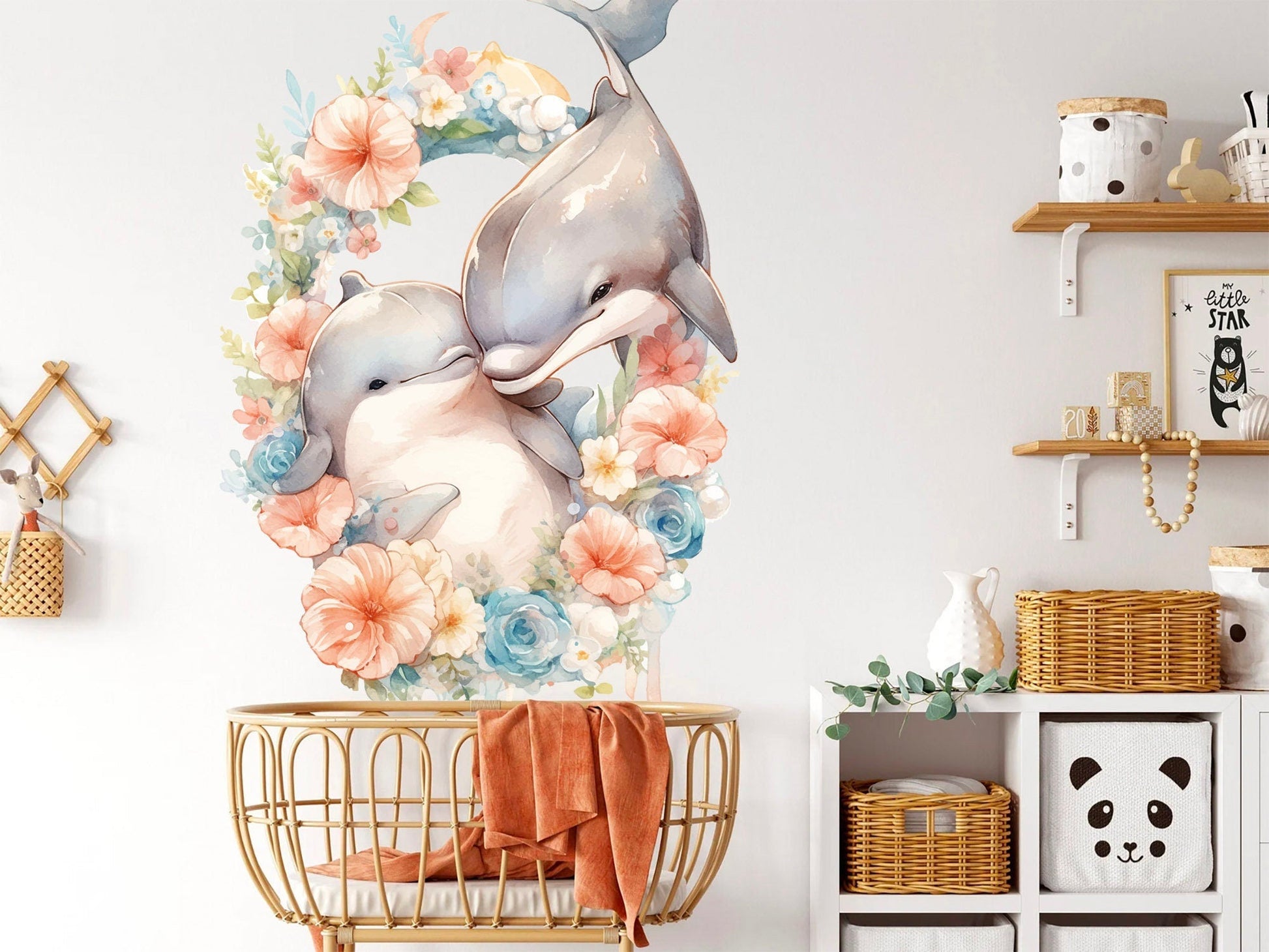 Duo of Dolphins in Floral Wreath Wall Decal - Removable Peel and Stick - BR447