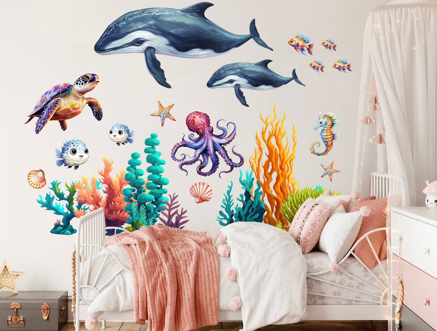 Enchanting Ocean Life Cartoon Wall Decal - Whale Ray Turtle Octopus Corals Seaweed - Perfect for Kids Room Decor - BR441