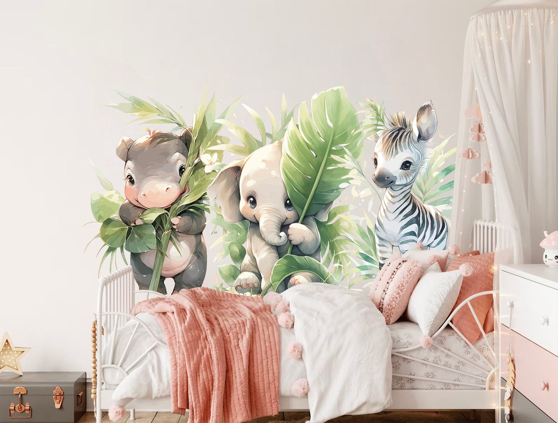 Adorable African Animal Babies Wall Decal - Hippo, Elephant, and Zebra Cuddles - BR442